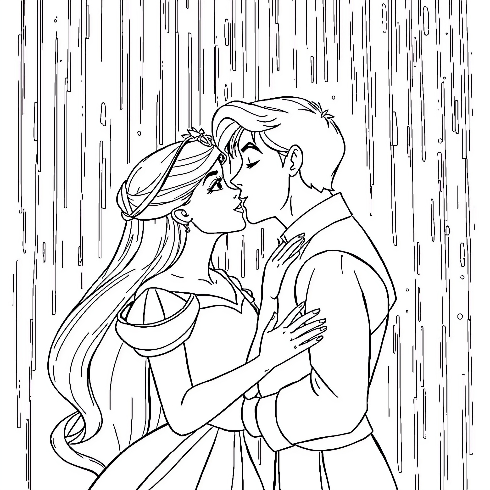 Aurora's Romantic Embrace in the Rain Coloring Page (free black-and-white line drawing printable PDF for all, from beginners to advanced learners, including children, teens, adults, and seniors)