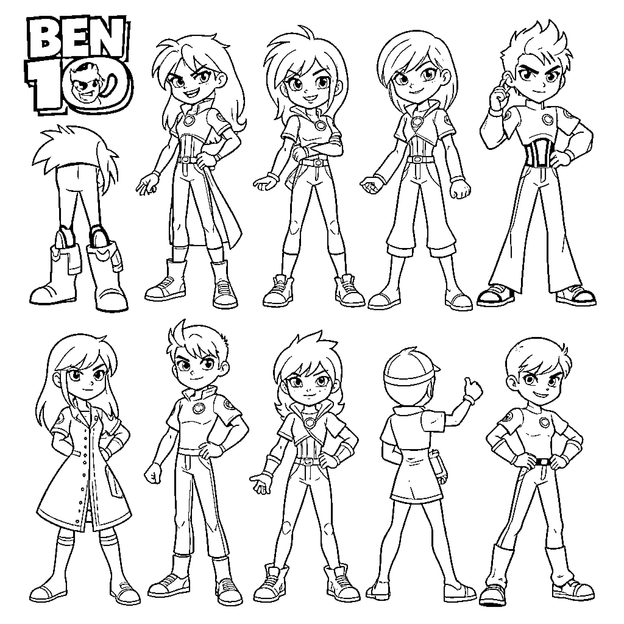 Ben 10 characters standing in various heroic poses Coloring Page (free black-and-white line drawing printable PDF for all, from beginners to advanced learners, including children, teens, adults, and seniors)