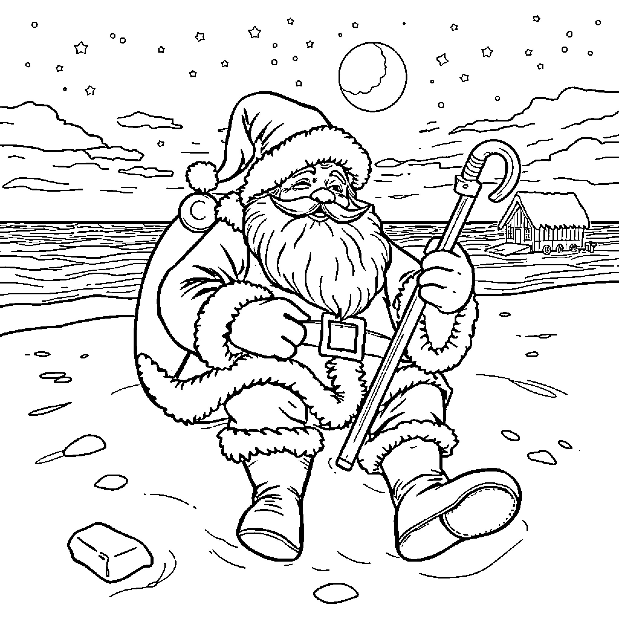 Sinterklaas walking along the beach at night Coloring Page (free black-and-white line drawing printable PDF for all, from beginners to advanced learners, including children, teens, adults, and seniors)