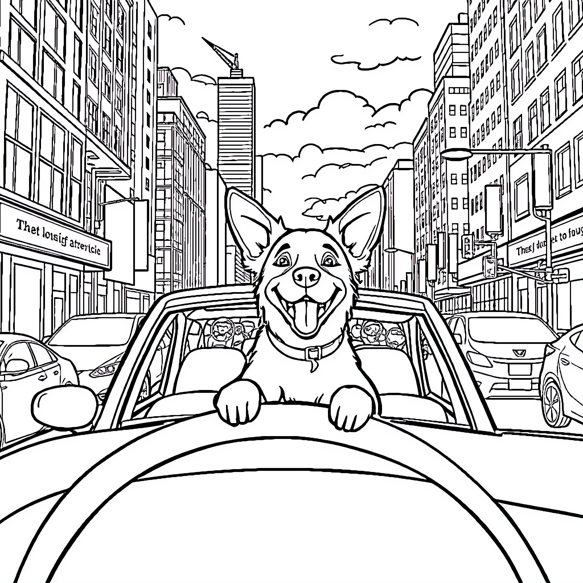 Car Carrying Excited Dog through City Streets Coloring Page (free black-and-white line drawing printable PDF for all, from beginners to advanced learners, including children, teens, adults, and seniors)