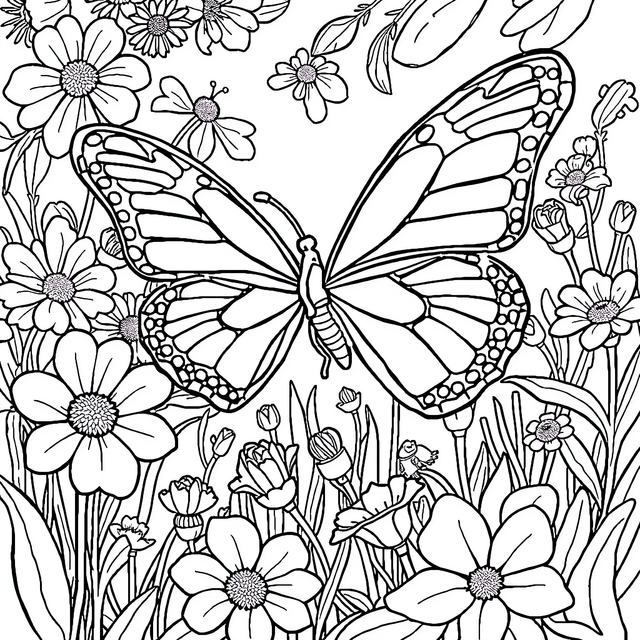 Butterfly surrounded by floral garden Coloring Page (free black-and-white line drawing printable PDF for all, from beginners to advanced learners, including children, teens, adults, and seniors)