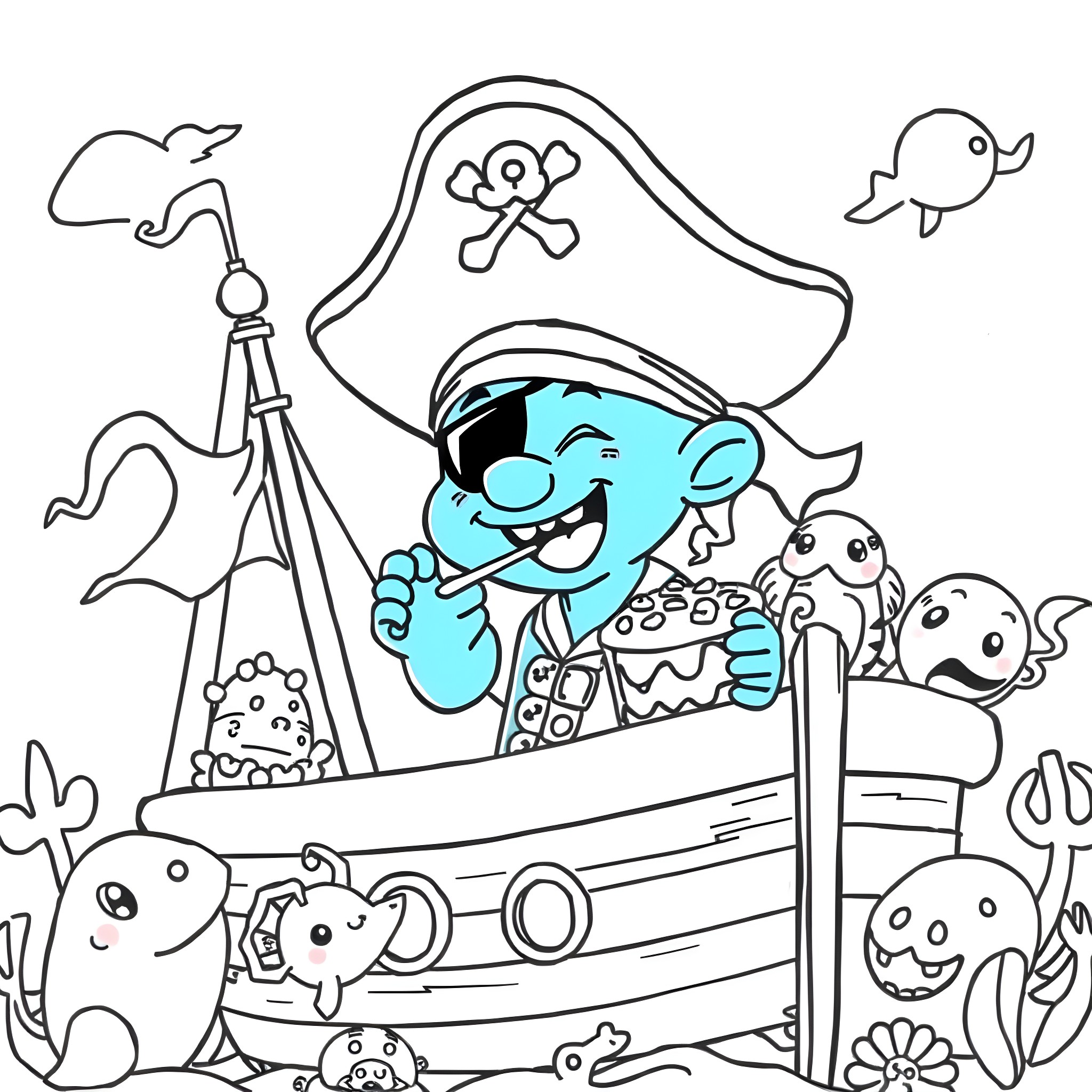 Bluey's Pirate Adventure on the High Seas Coloring Page (free black-and-white line drawing printable PDF for all, from beginners to advanced learners, including children, teens, adults, and seniors)