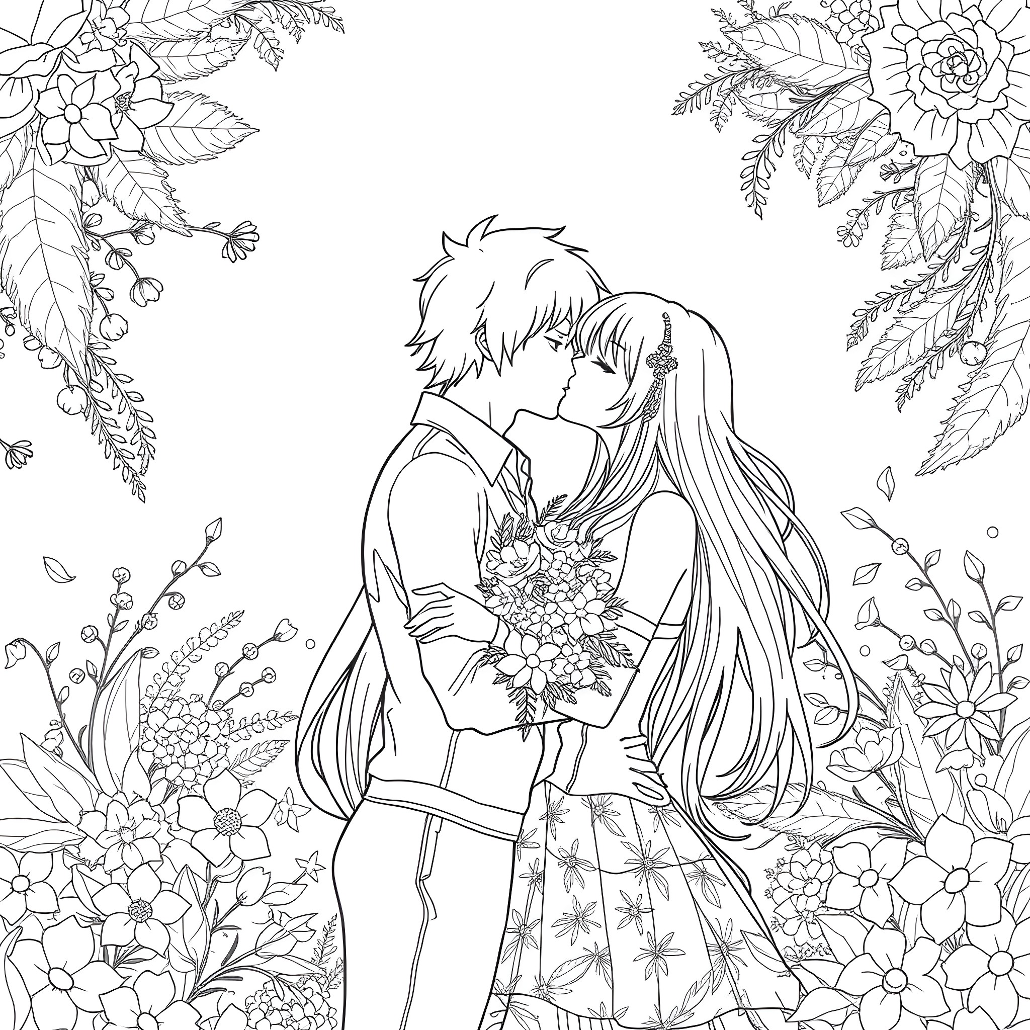 Rias Gremory's Intimate Embrace in a Floral Wonderland Coloring Page (free black-and-white line drawing printable PDF for all, from beginners to advanced learners, including children, teens, adults, and seniors)