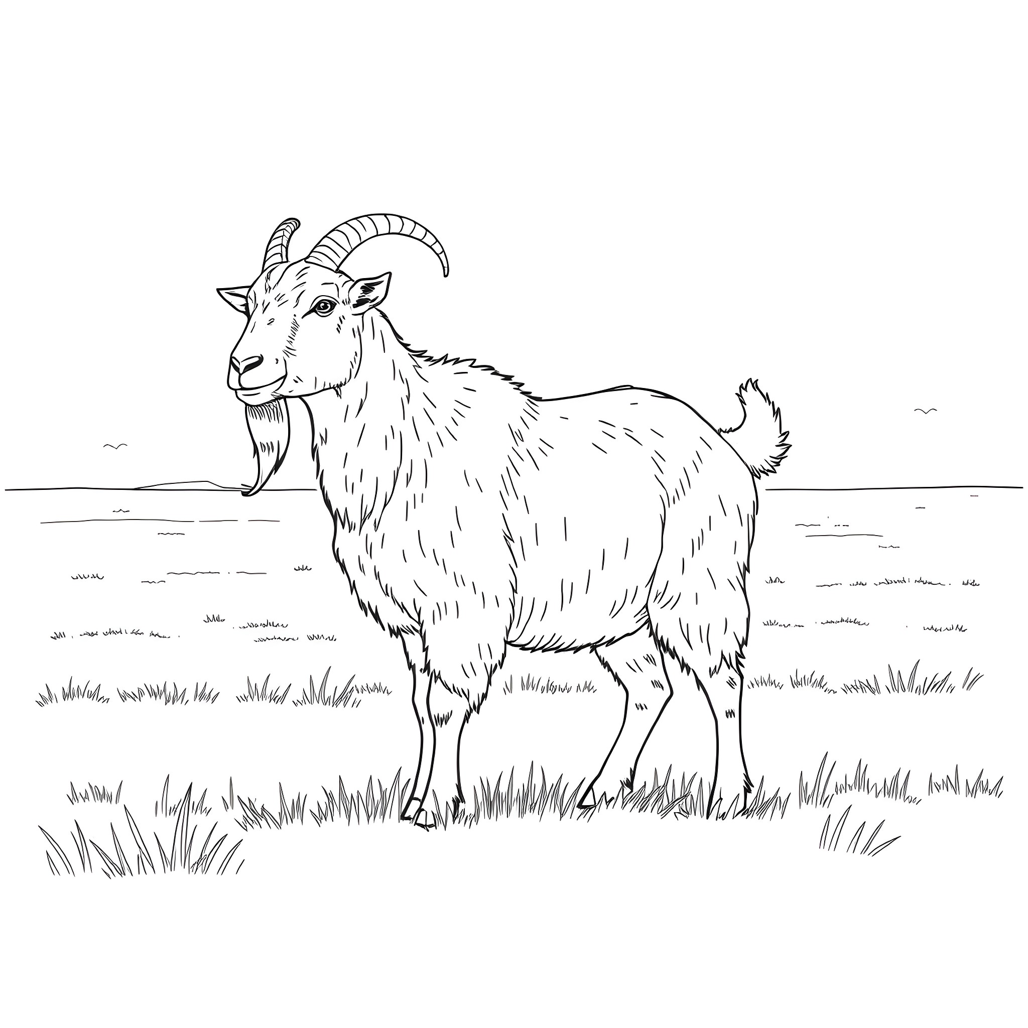 Goat standing calmly in a grassy field Coloring Page (free black-and-white line drawing printable PDF for all, from beginners to advanced learners, including children, teens, adults, and seniors)
