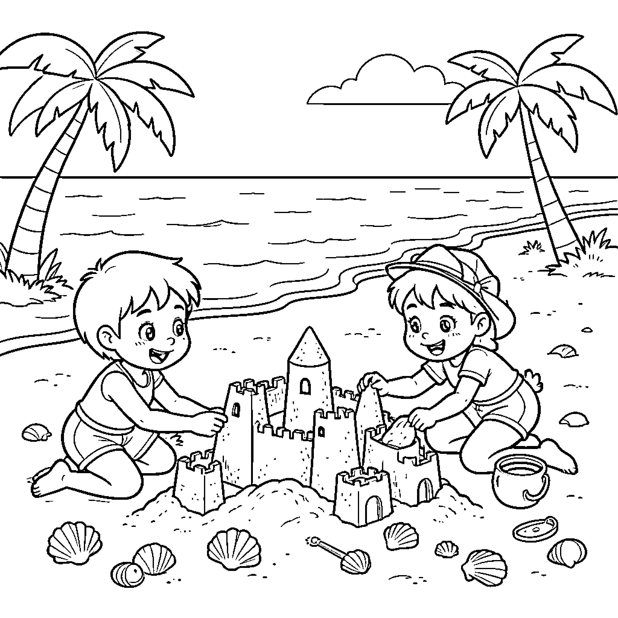 Paw Patrol characters building sandcastles on a tropical beach Coloring Page (free black-and-white line drawing printable PDF for all, from beginners to advanced learners, including children, teens, adults, and seniors)