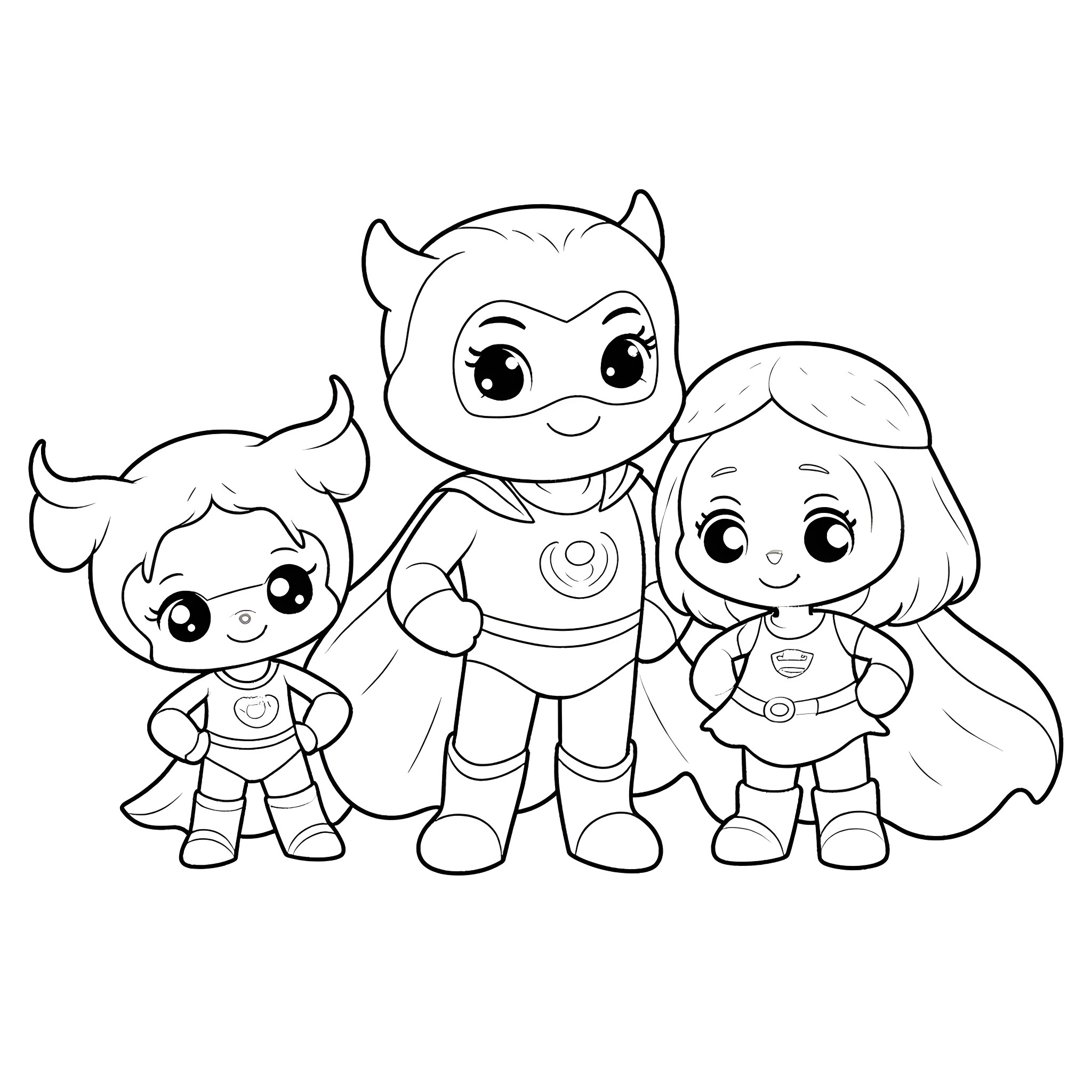 Superzing Super Family Posing Together Coloring Page (free black-and-white line drawing printable PDF for all, from beginners to advanced learners, including children, teens, adults, and seniors)