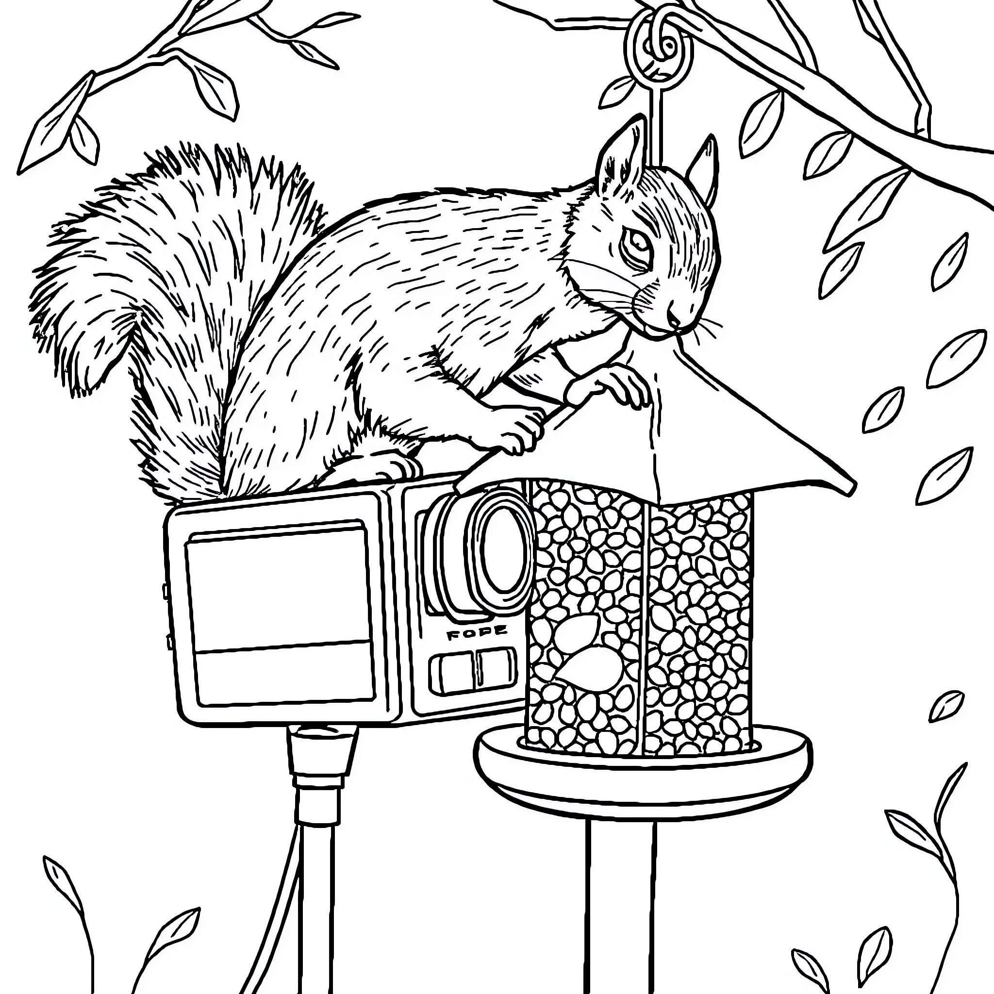 Squirrel recording nature scene with camera Coloring Page (free black-and-white line drawing printable PDF for all, from beginners to advanced learners, including children, teens, adults, and seniors)