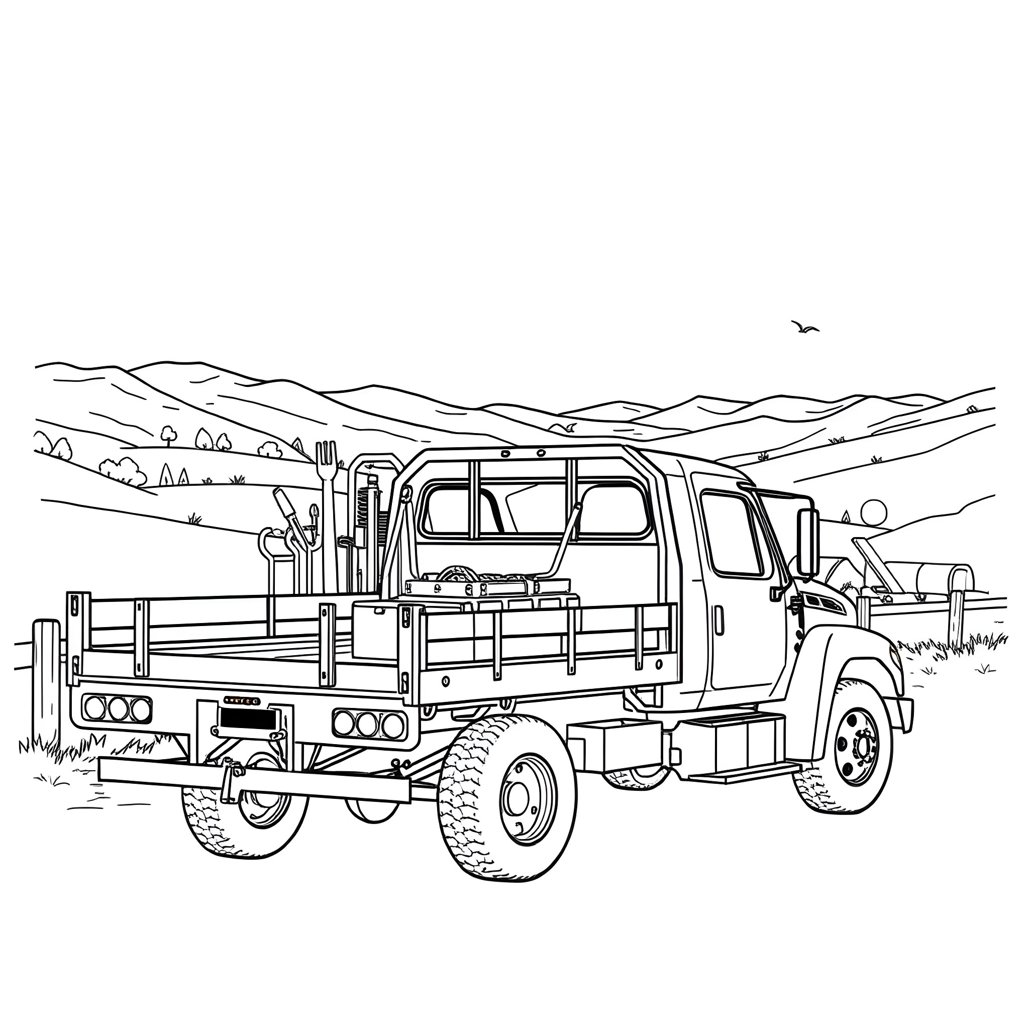 Flat Bed Truck loaded with equipment in rural landscape Coloring Page (free black-and-white line drawing printable PDF for all, from beginners to advanced learners, including children, teens, adults, and seniors)