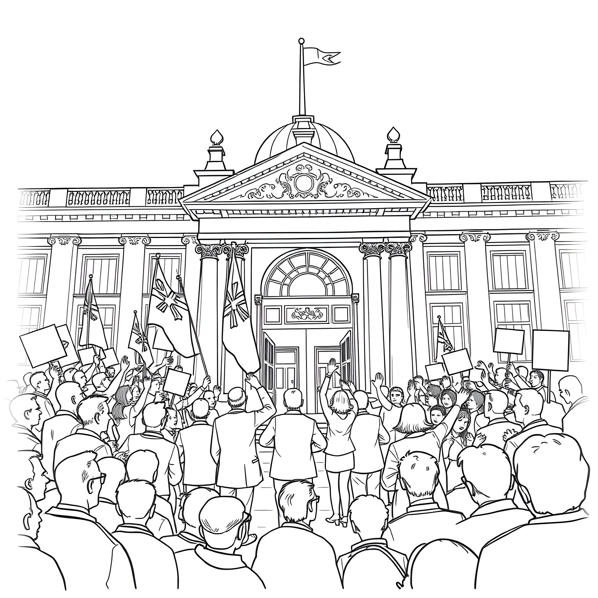Coalition of protesters outside government building Coloring Page (free black-and-white line drawing printable PDF for all, from beginners to advanced learners, including children, teens, adults, and seniors)