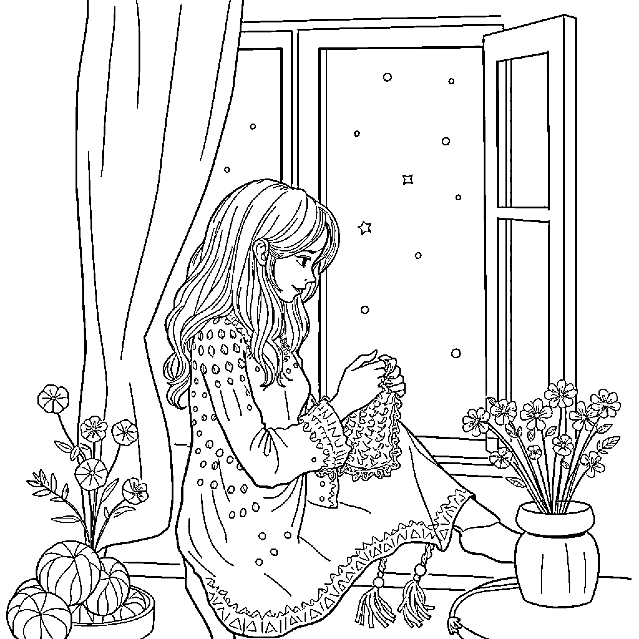 Mira's Peaceful Moment by the Window Coloring Page (free black-and-white line drawing printable PDF for all, from beginners to advanced learners, including children, teens, adults, and seniors)
