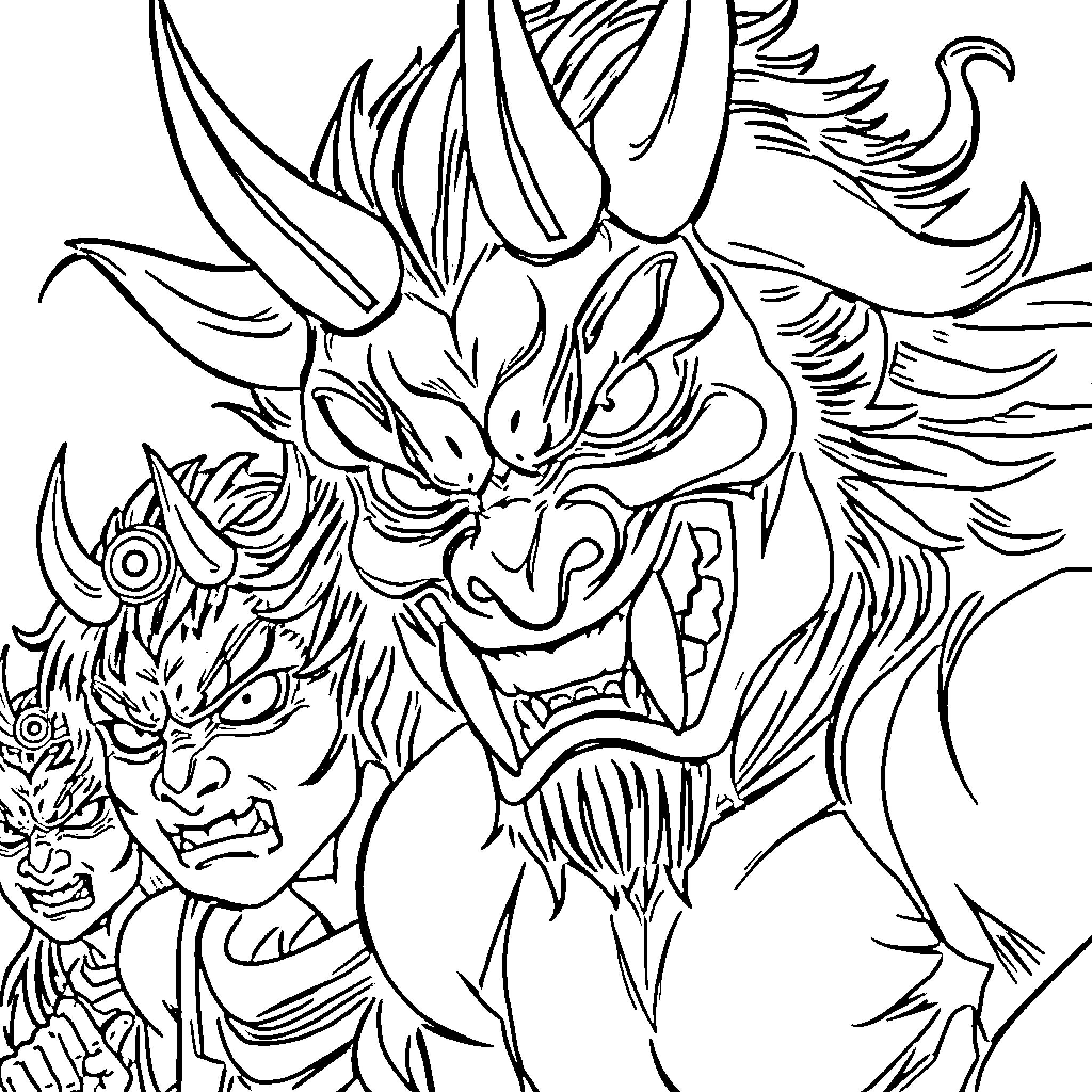Demon Warriors Engaged in Fierce Battle Coloring Page (free black-and-white line drawing printable PDF for all, from beginners to advanced learners, including children, teens, adults, and seniors)