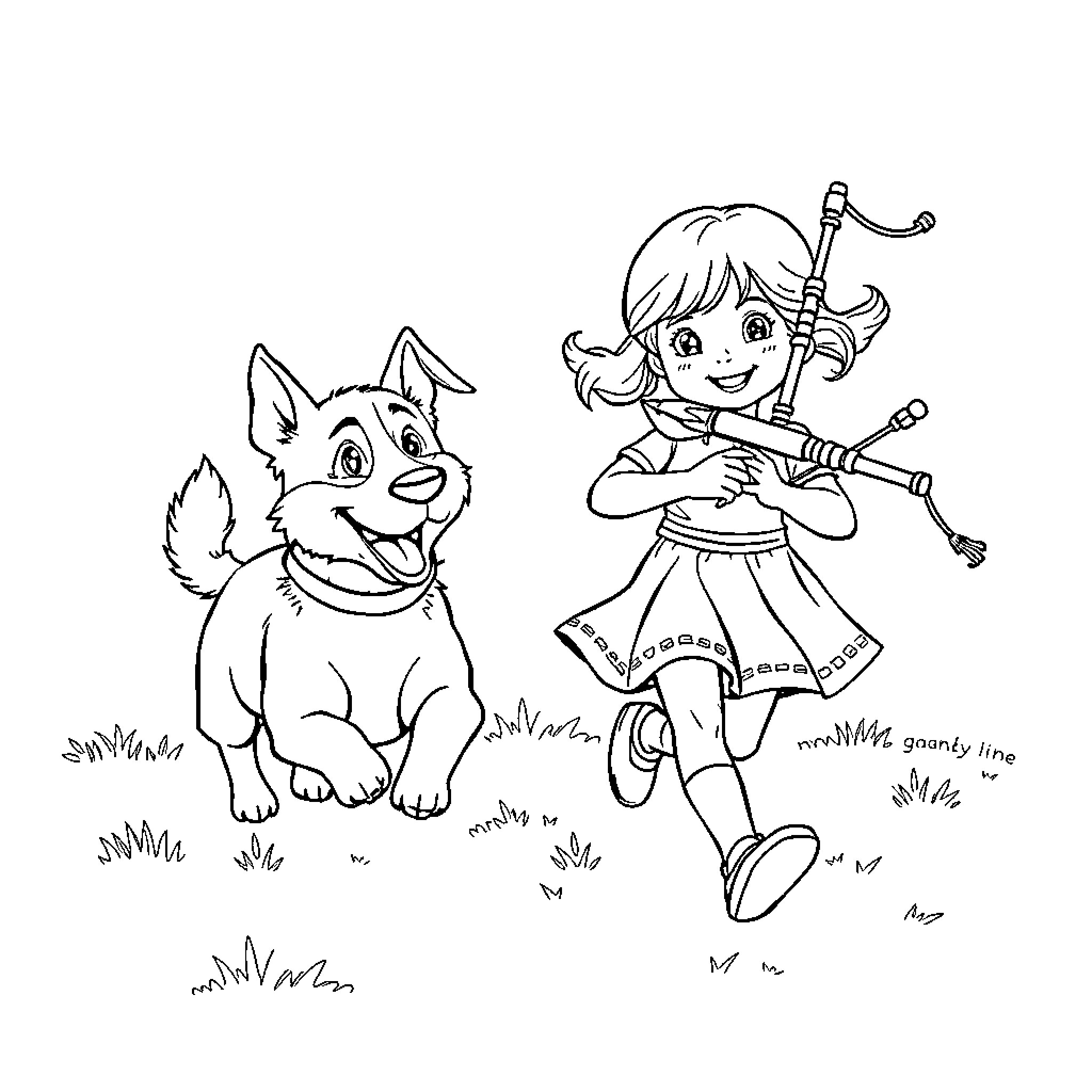 Dog and girl playing joyfully in the meadow Coloring Page (free black-and-white line drawing printable PDF for all, from beginners to advanced learners, including children, teens, adults, and seniors)