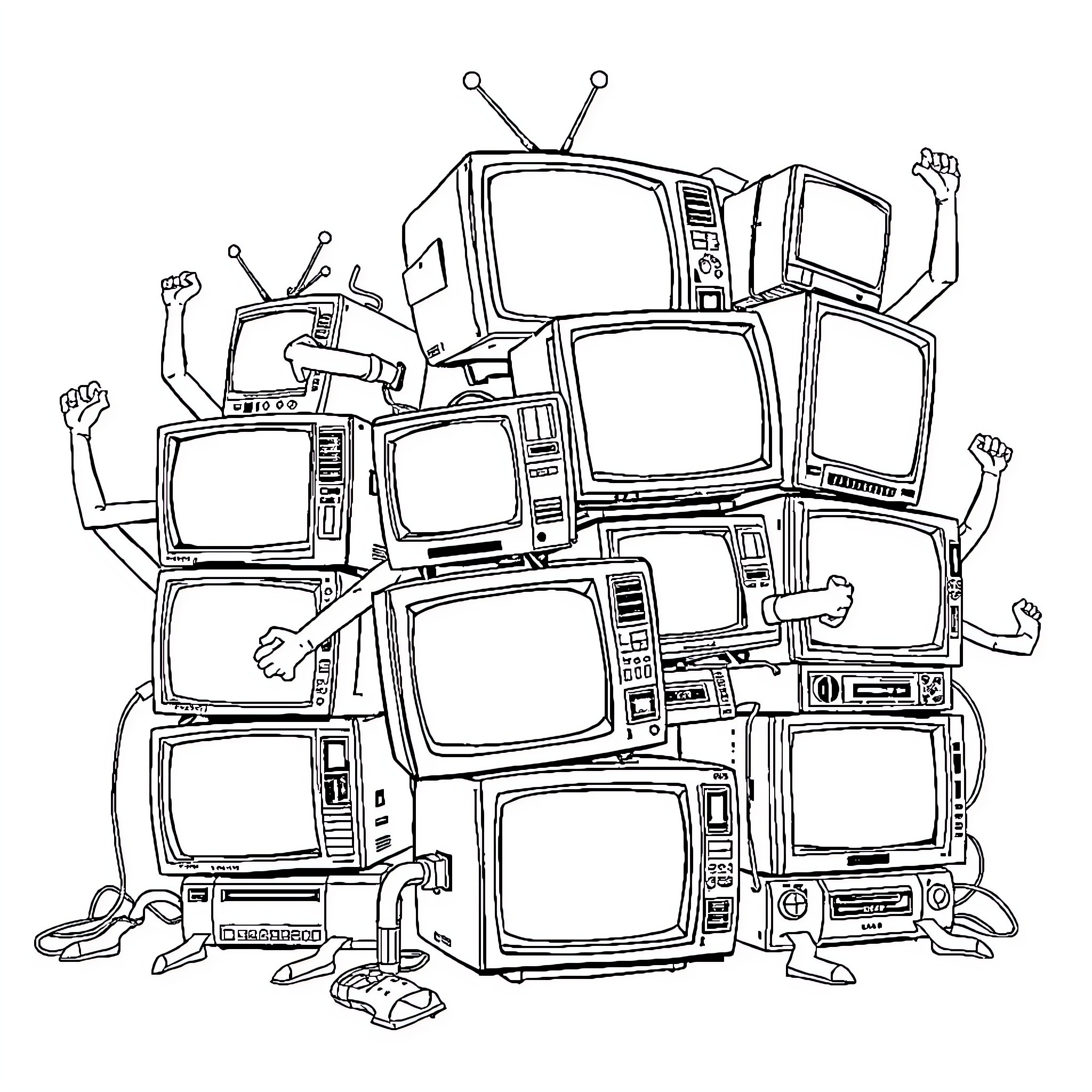 TV Screens Piled High in Chaotic Scene Coloring Page (free black-and-white line drawing printable PDF for all, from beginners to advanced learners, including children, teens, adults, and seniors)