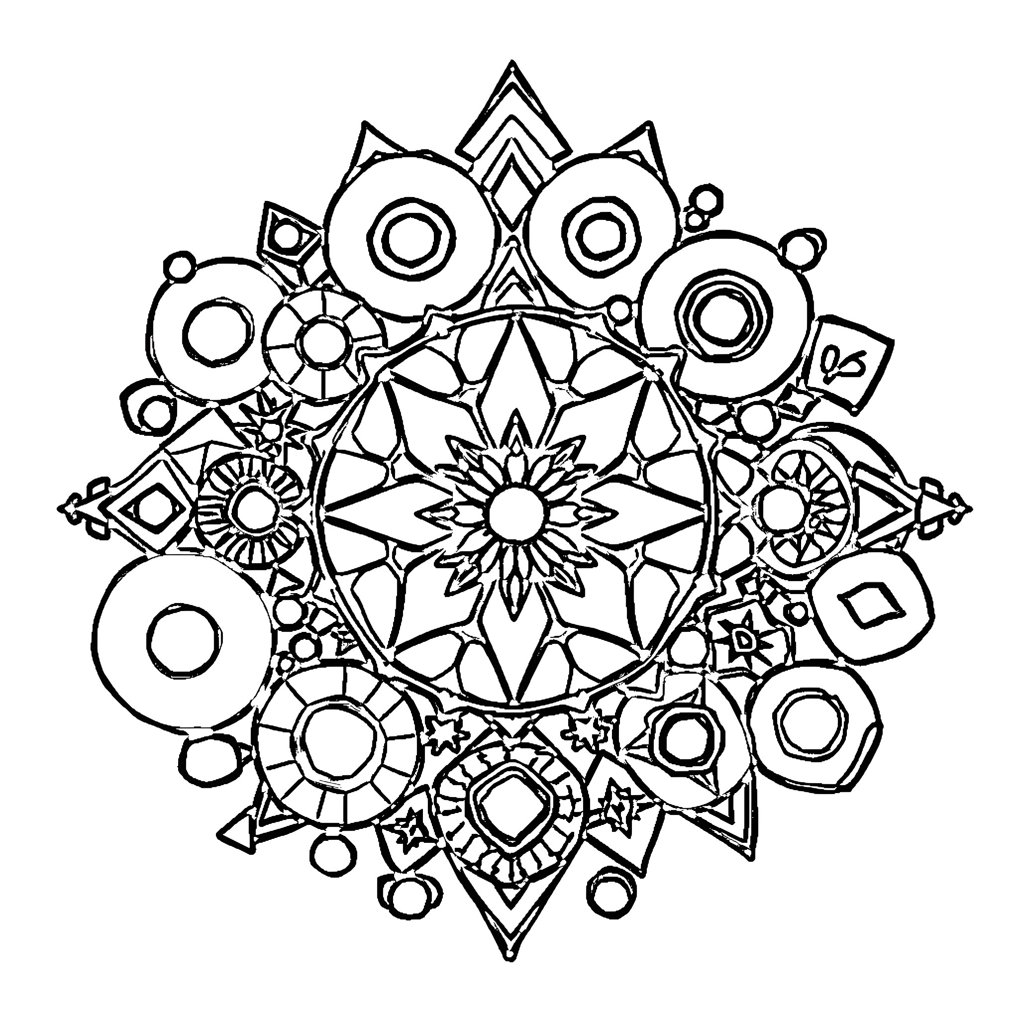 Geometric Shape Mandala with Intricate Patterns Coloring Page (free black-and-white line drawing printable PDF for all, from beginners to advanced learners, including children, teens, adults, and seniors)