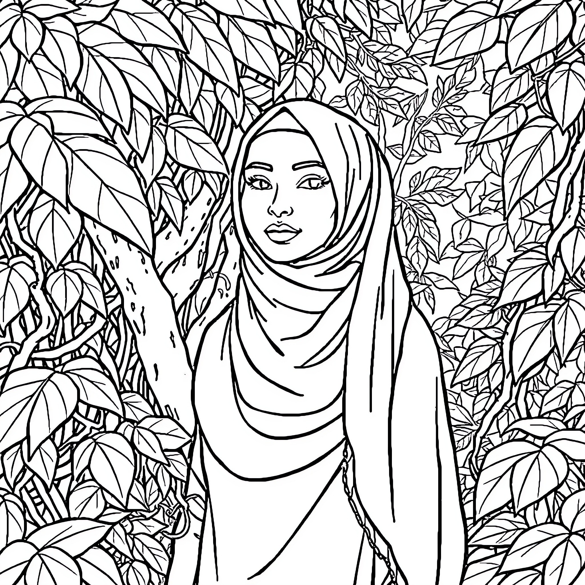 Hijabi Woman in Nature Coloring Page (free black-and-white line drawing printable PDF for all, from beginners to advanced learners, including children, teens, adults, and seniors)