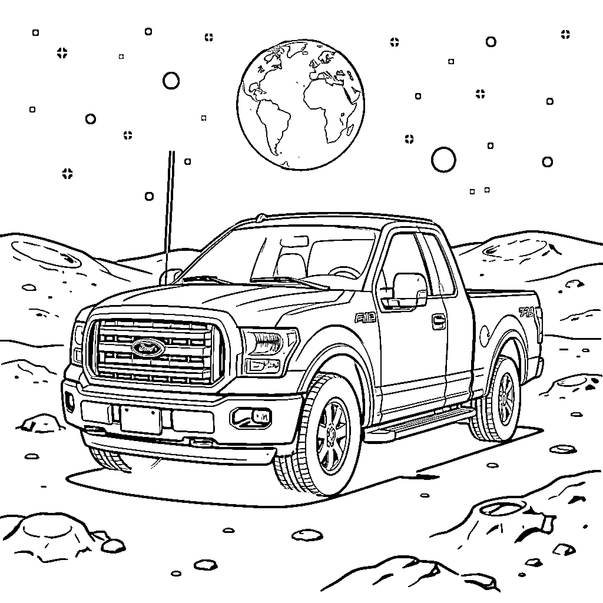 F150 driving across a cratered lunar landscape Coloring Page (free black-and-white line drawing printable PDF for all, from beginners to advanced learners, including children, teens, adults, and seniors)