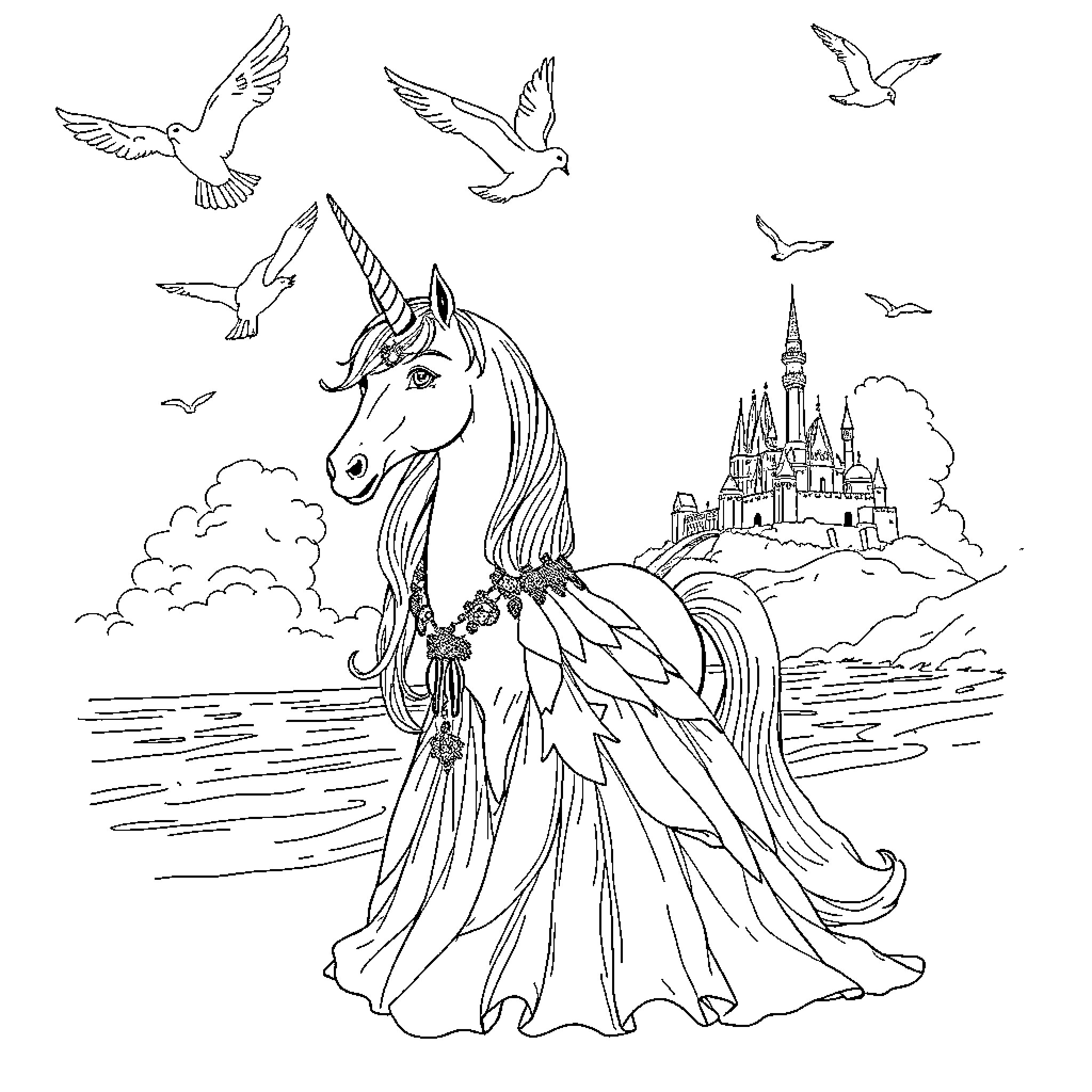 Princess Unicorn Soaring with Magical Companions Coloring Page (free black-and-white line drawing printable PDF for all, from beginners to advanced learners, including children, teens, adults, and seniors)