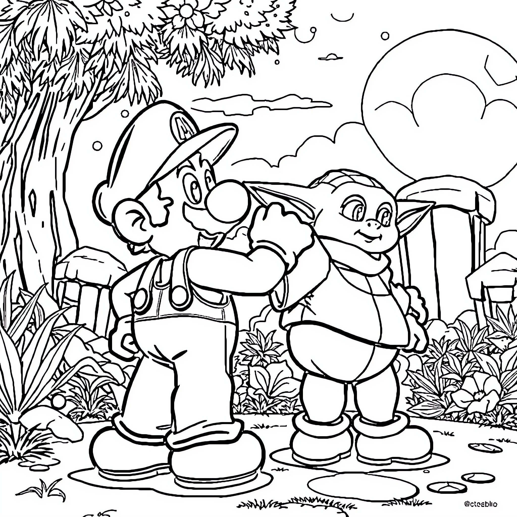 Super Mario and Toad Explore Lush Nature Coloring Page (free black-and-white line drawing printable PDF for all, from beginners to advanced learners, including children, teens, adults, and seniors)