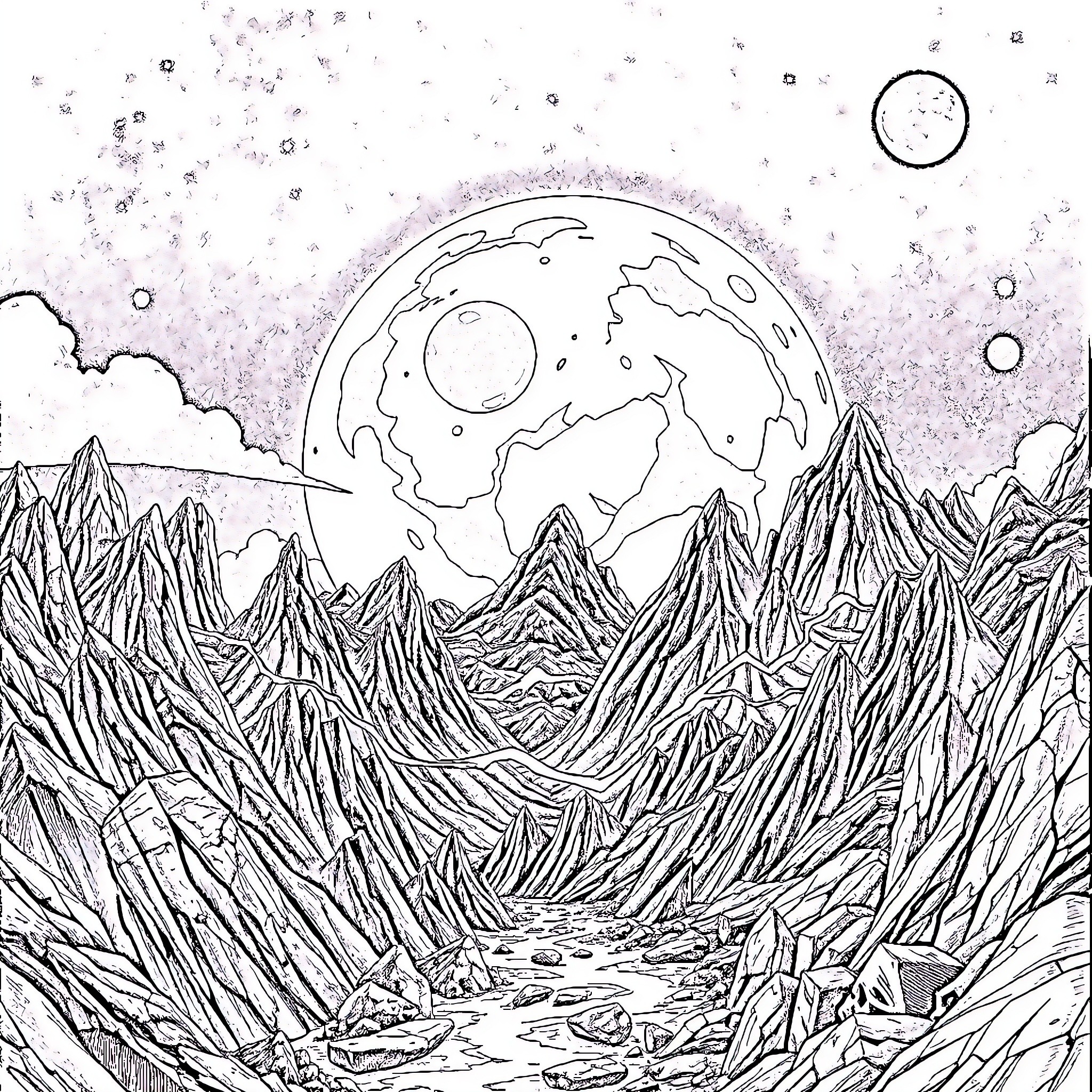 Zurg's Cosmic Realm: A Surreal Planetary Landscape Coloring Page (free black-and-white line drawing printable PDF for all, from beginners to advanced learners, including children, teens, adults, and seniors)