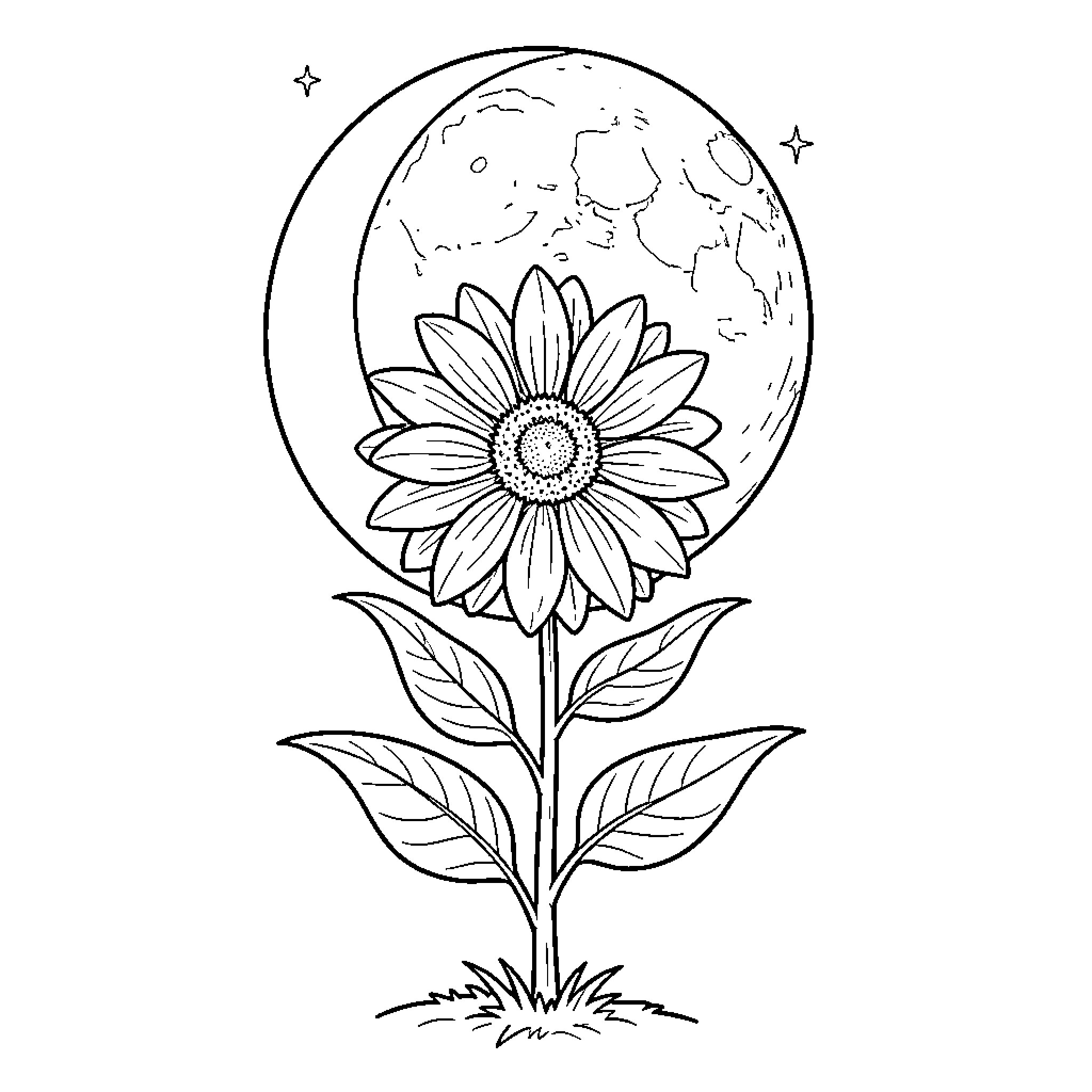 Flower blooming beneath a crescent moon and stars Coloring Page (free black-and-white line drawing printable PDF for all, from beginners to advanced learners, including children, teens, adults, and seniors)
