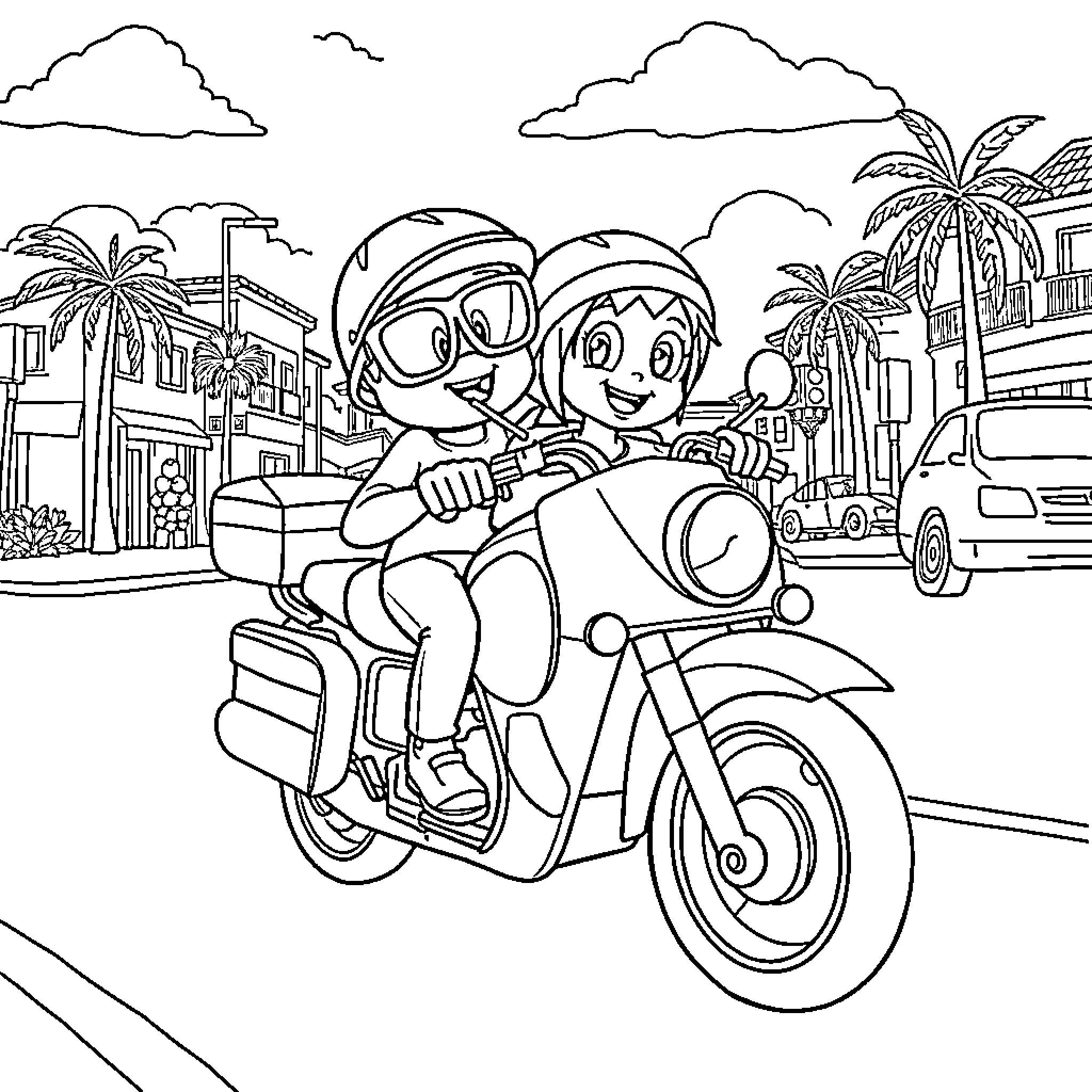 Bluey riding scooter through the city with friend Coloring Page (free black-and-white line drawing printable PDF for all, from beginners to advanced learners, including children, teens, adults, and seniors)