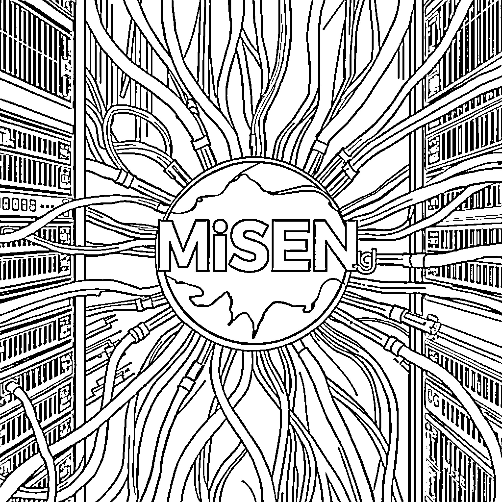 Router displaying a radiant globe in an abstract environment Coloring Page (free black-and-white line drawing printable PDF for all, from beginners to advanced learners, including children, teens, adults, and seniors)