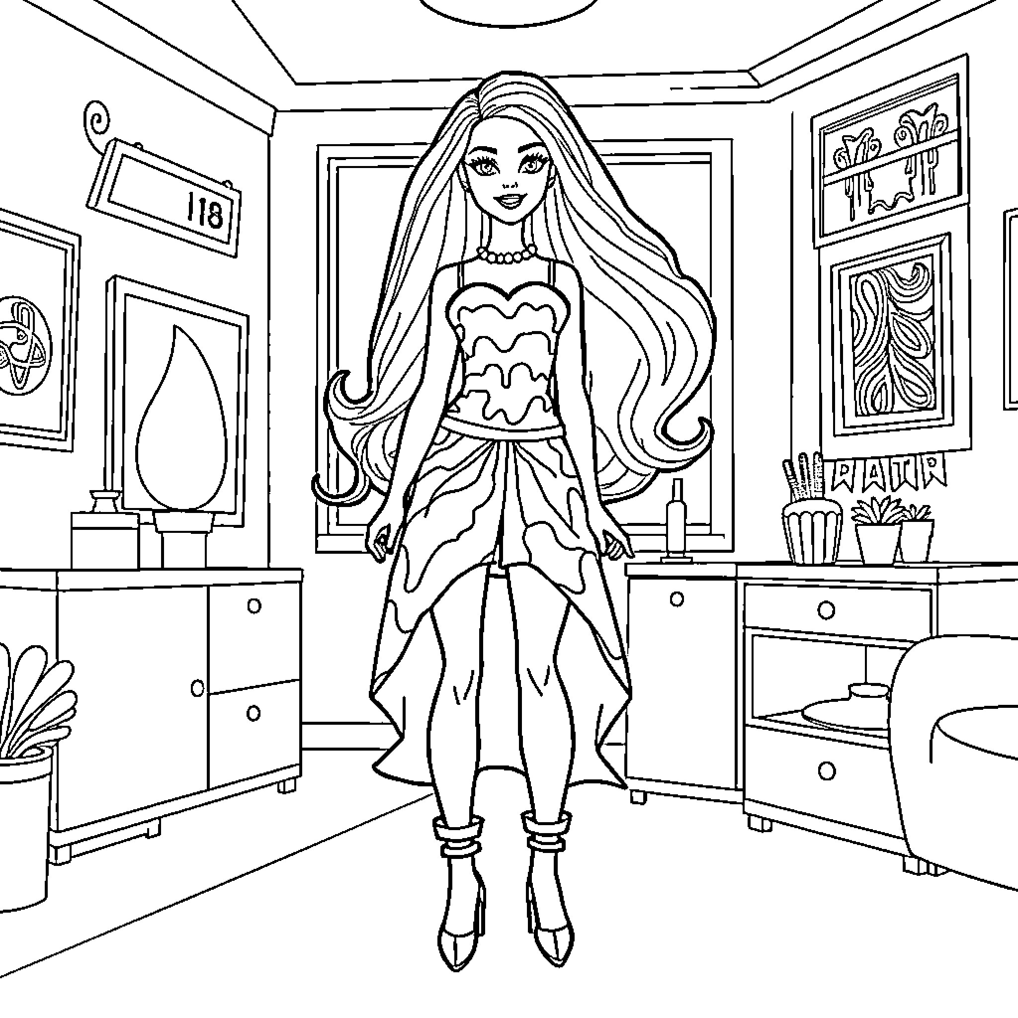 Barbie posing confidently in a stylish bedroom Coloring Page (free black-and-white line drawing printable PDF for all, from beginners to advanced learners, including children, teens, adults, and seniors)