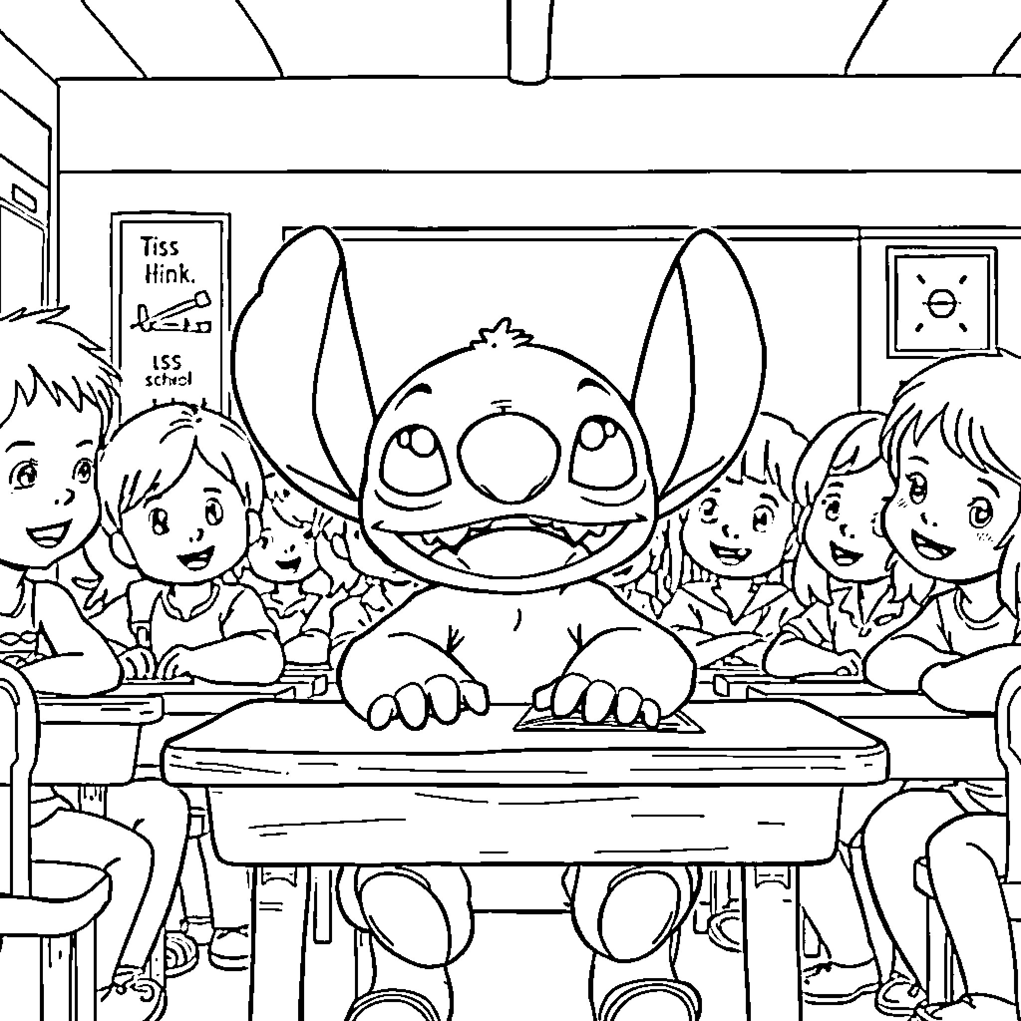 Stitch enjoying playtime with friends in the classroom Coloring Page (free black-and-white line drawing printable PDF for all, from beginners to advanced learners, including children, teens, adults, and seniors)
