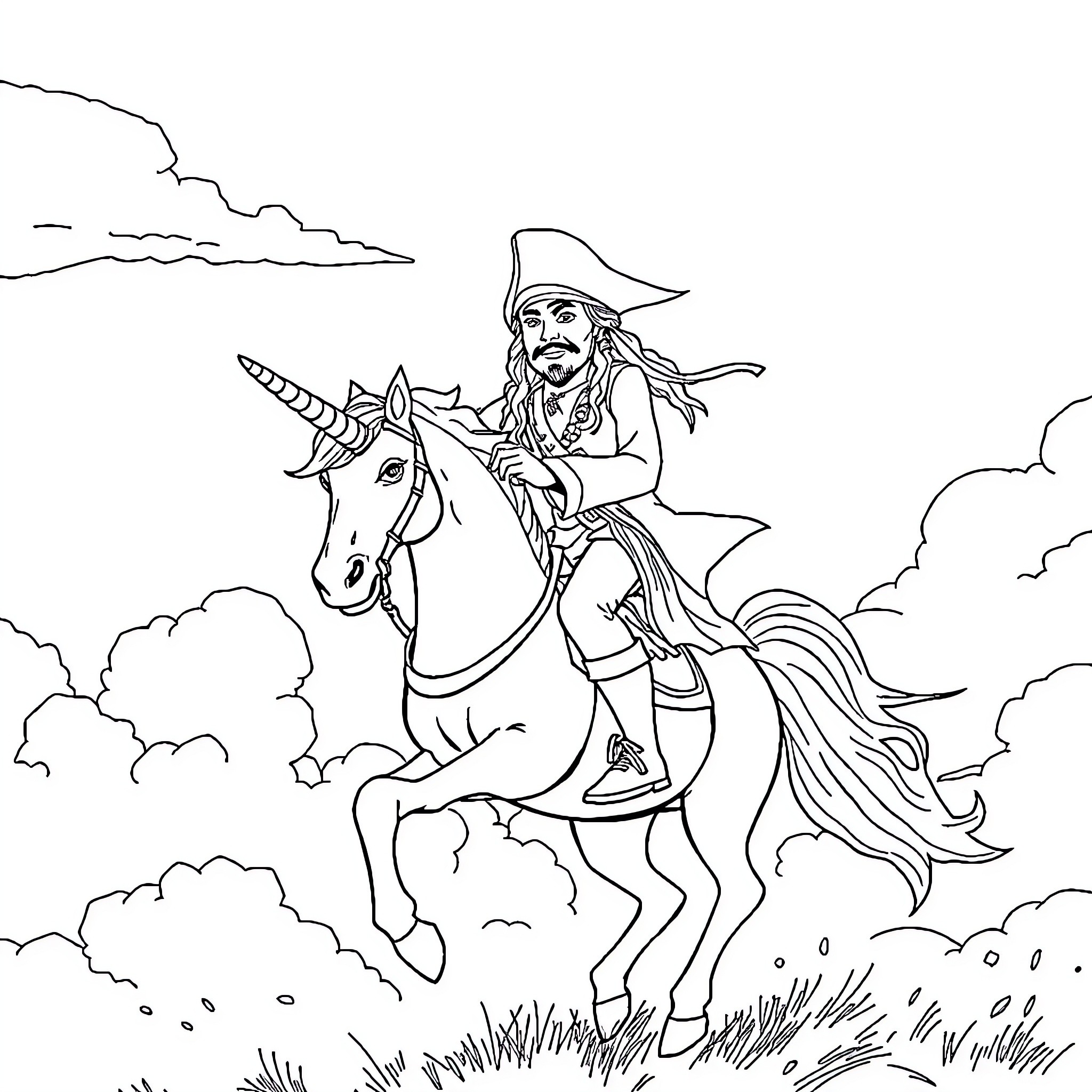 Jack Sparrow riding a unicorn through a fantastical landscape Coloring Page (free black-and-white line drawing printable PDF for all, from beginners to advanced learners, including children, teens, adults, and seniors)