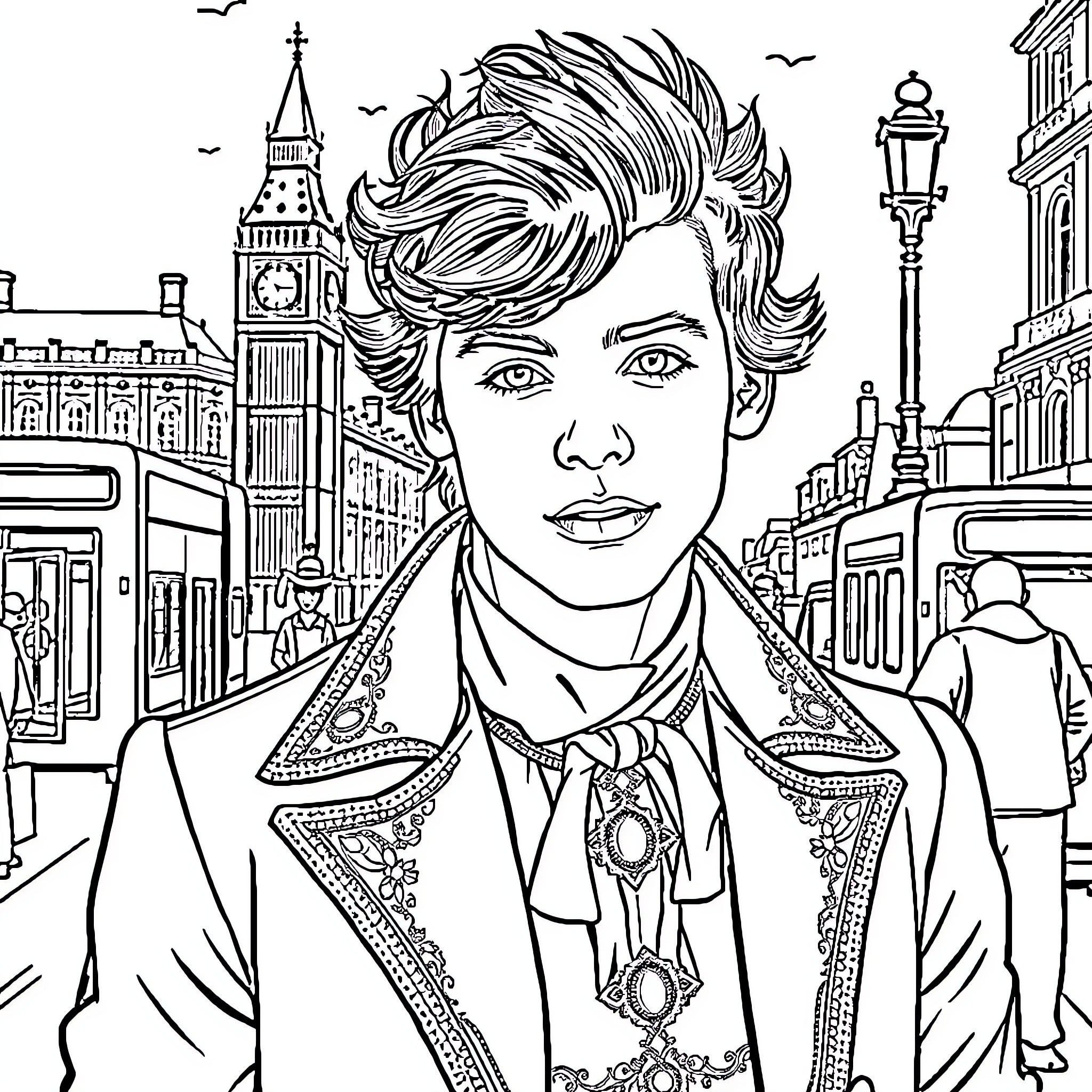 Harry Styles Posing in Ornate London-Inspired Attire Coloring Page (free black-and-white line drawing printable PDF for all, from beginners to advanced learners, including children, teens, adults, and seniors)