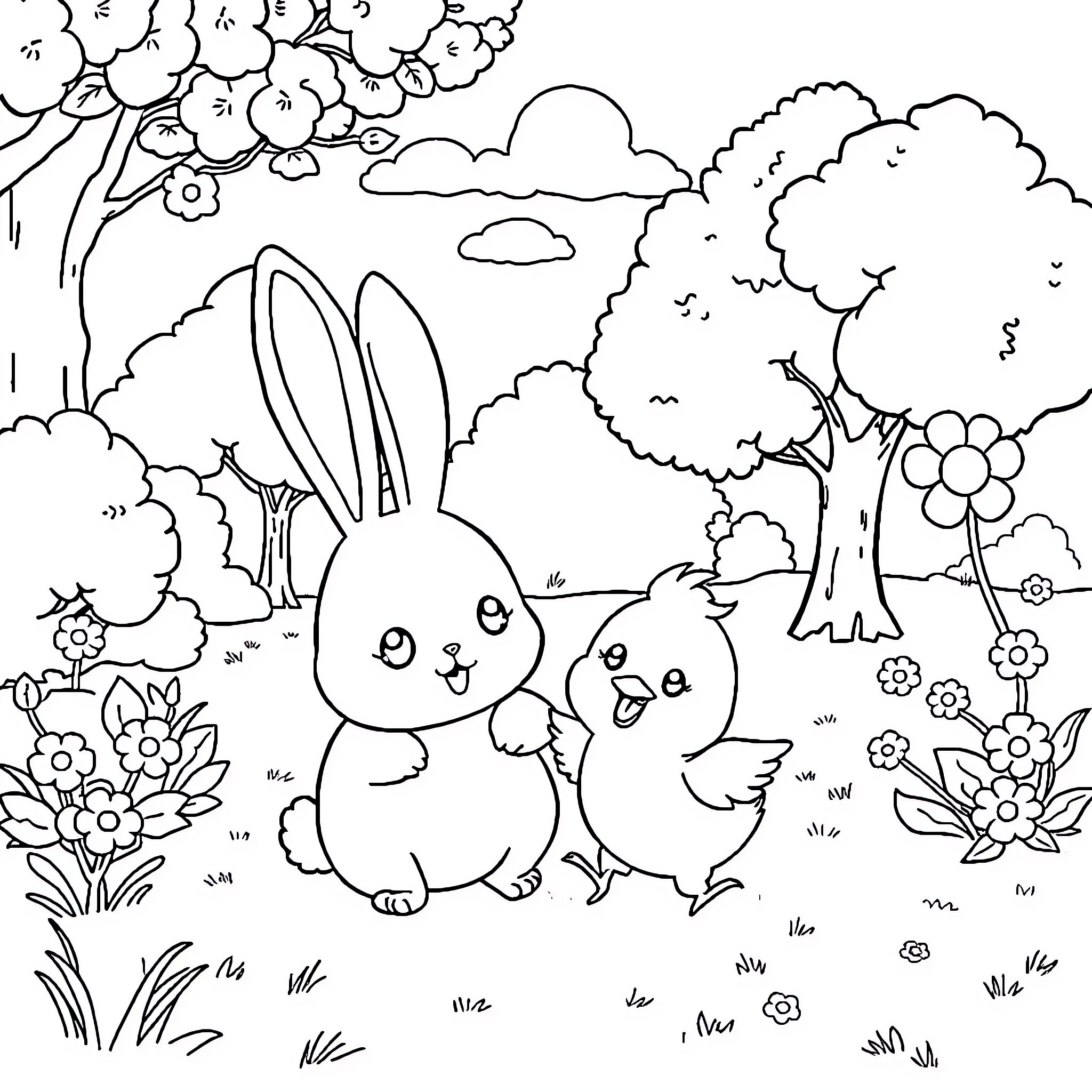 Molang and Piyu playing in a spring garden Coloring Page (free black-and-white line drawing printable PDF for all, from beginners to advanced learners, including children, teens, adults, and seniors)