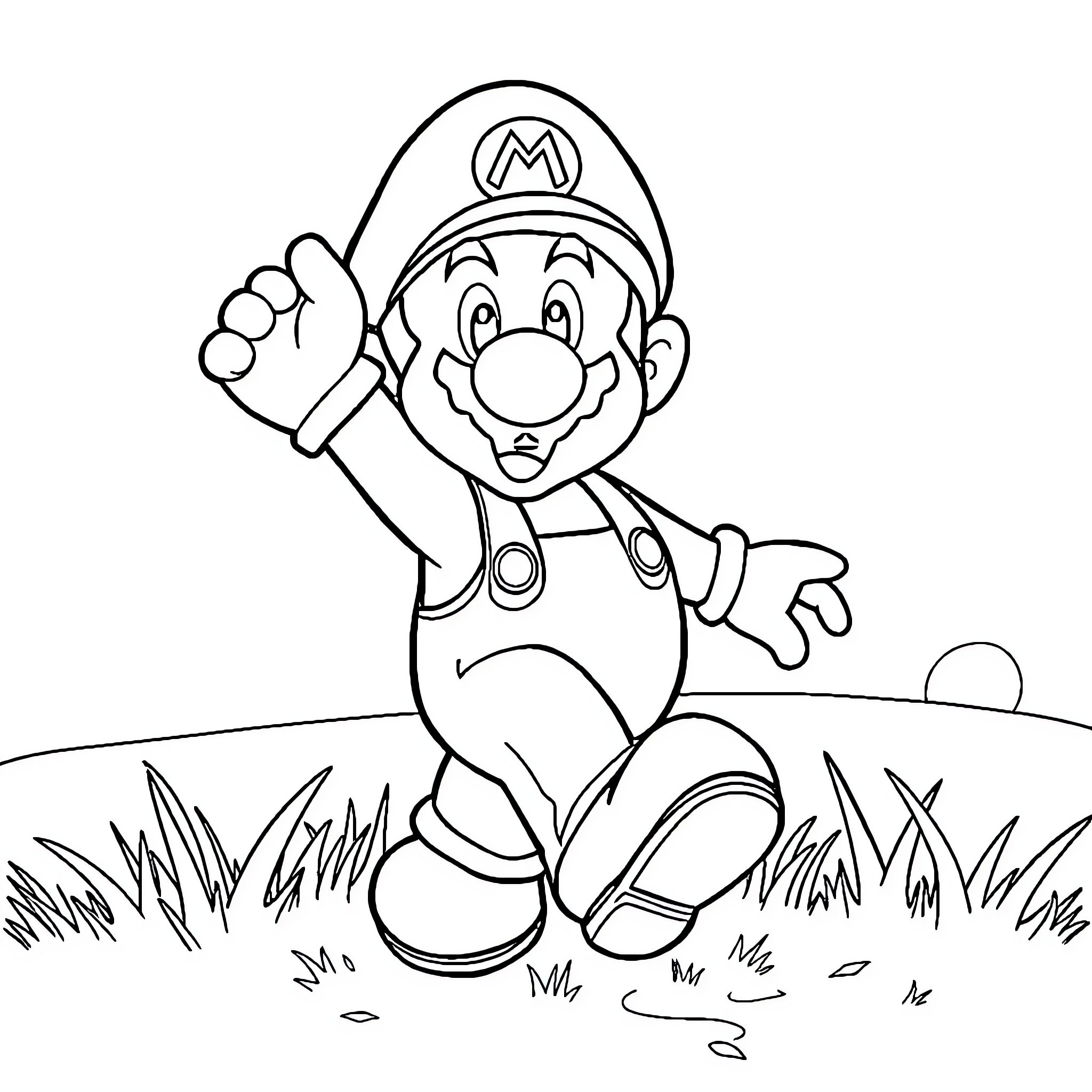 Mario Jumping Happily in a Grassy Field Coloring Page (free black-and-white line drawing printable PDF for all, from beginners to advanced learners, including children, teens, adults, and seniors)