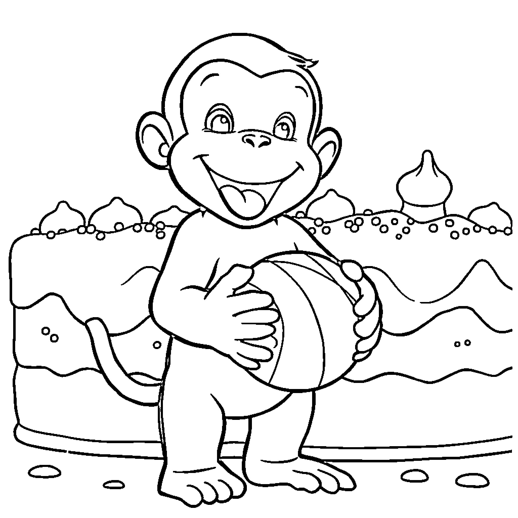Curious George playing with beach ball by the ocean Coloring Page (free black-and-white line drawing printable PDF for all, from beginners to advanced learners, including children, teens, adults, and seniors)