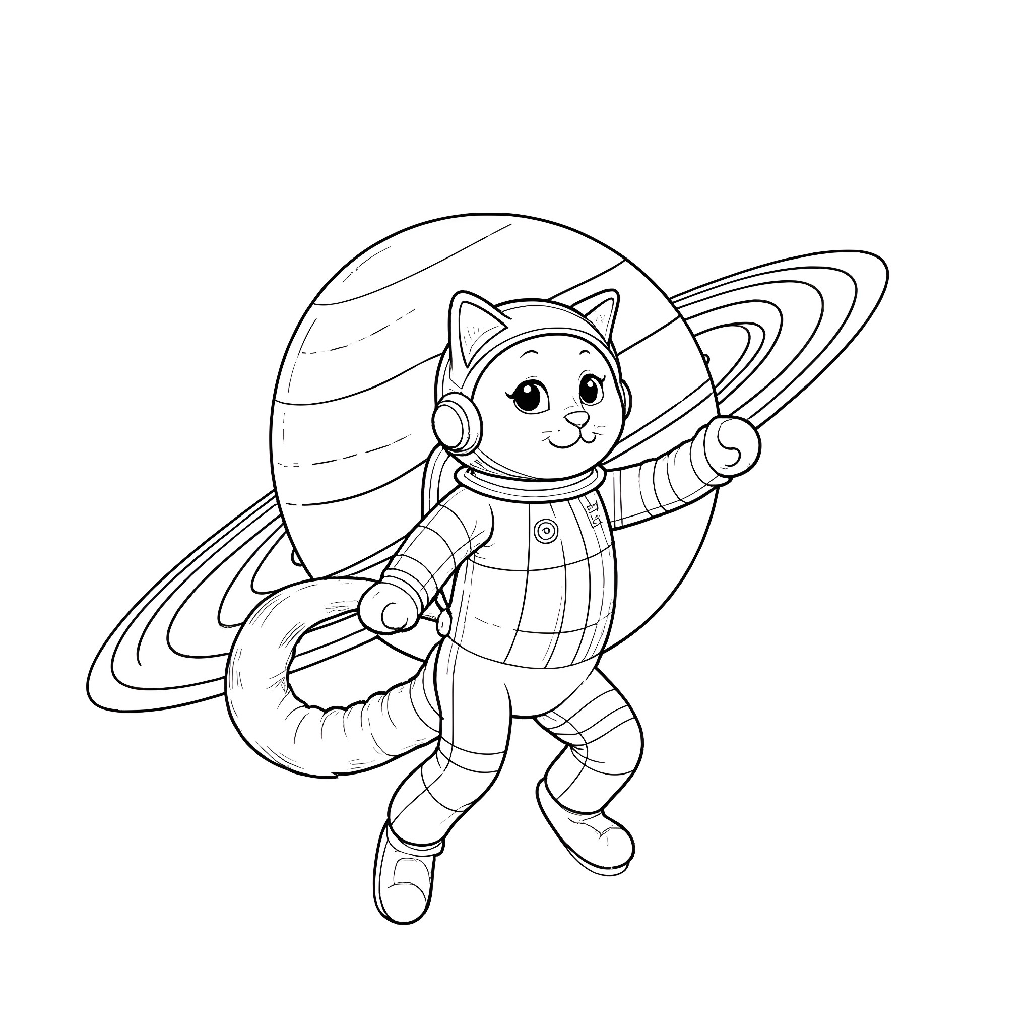 Cat astronaut exploring space Coloring Page (free black-and-white line drawing printable PDF for all, from beginners to advanced learners, including children, teens, adults, and seniors)