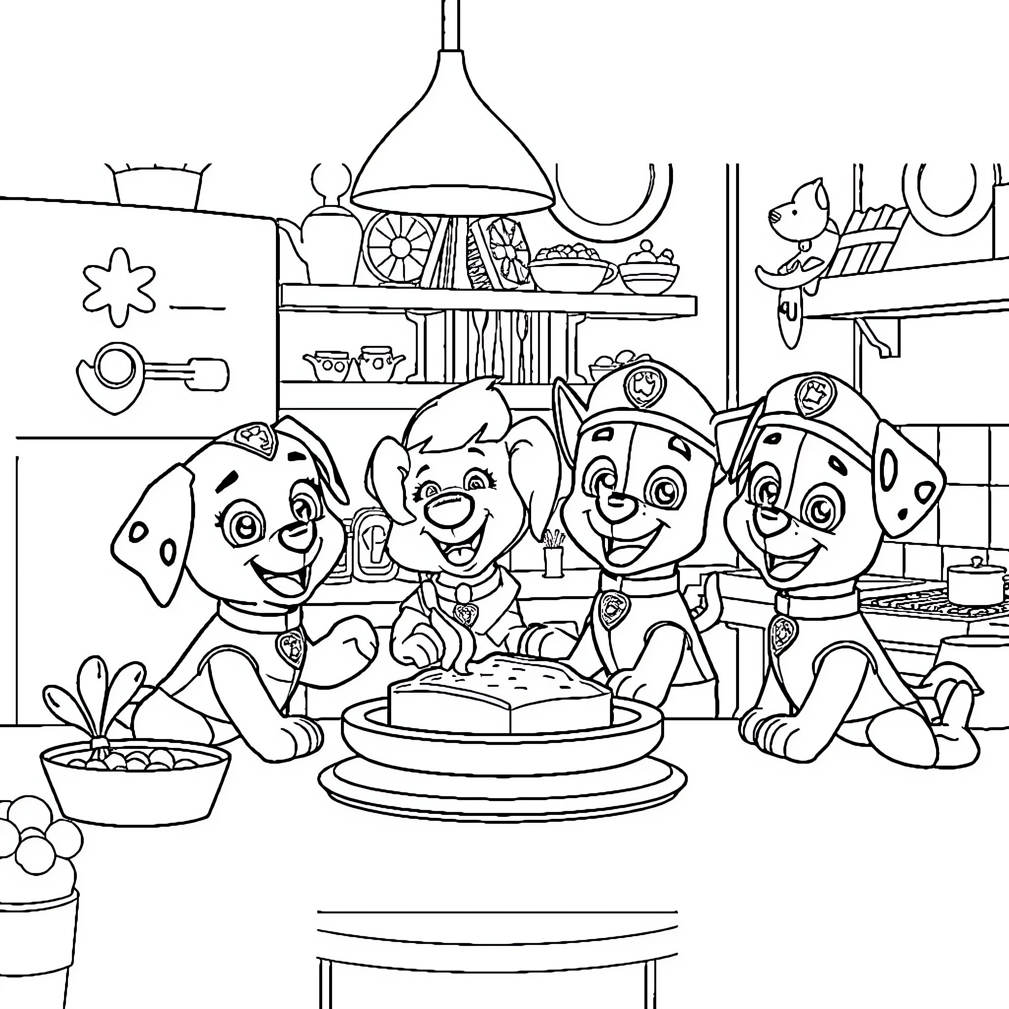 Paw Patrol Enjoying a Cozy Kitchen Scene Coloring Page (free black-and-white line drawing printable PDF for all, from beginners to advanced learners, including children, teens, adults, and seniors)