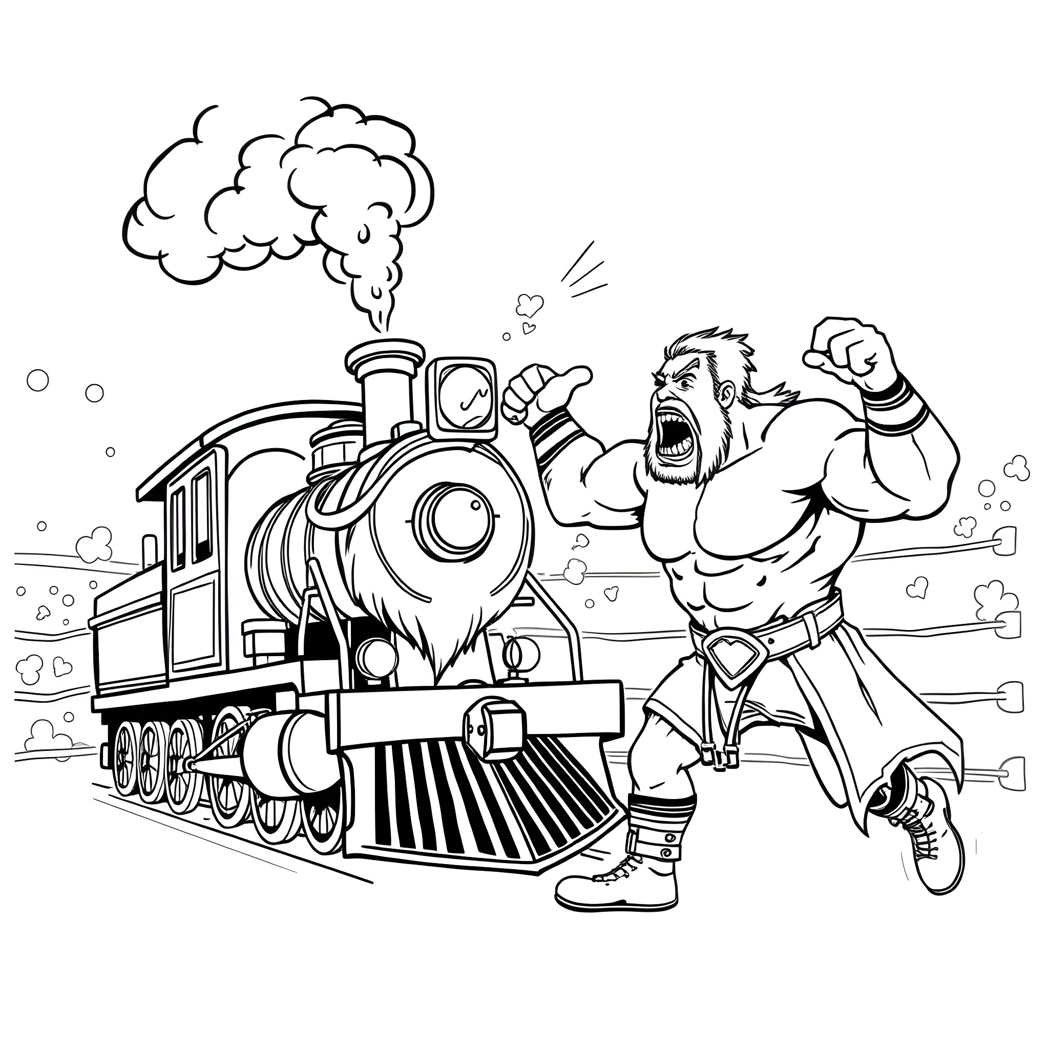 Train chasing angry muscular man Coloring Page (free black-and-white line drawing printable PDF for all, from beginners to advanced learners, including children, teens, adults, and seniors)