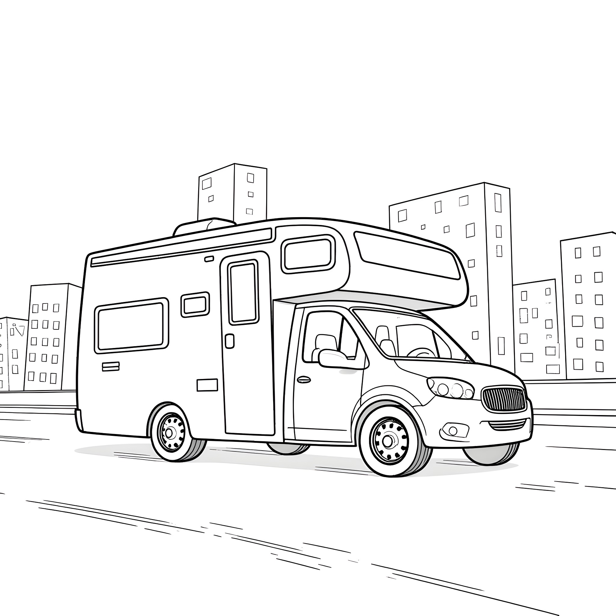 RV traveling through the city Coloring Page (free black-and-white line drawing printable PDF for all, from beginners to advanced learners, including children, teens, adults, and seniors)