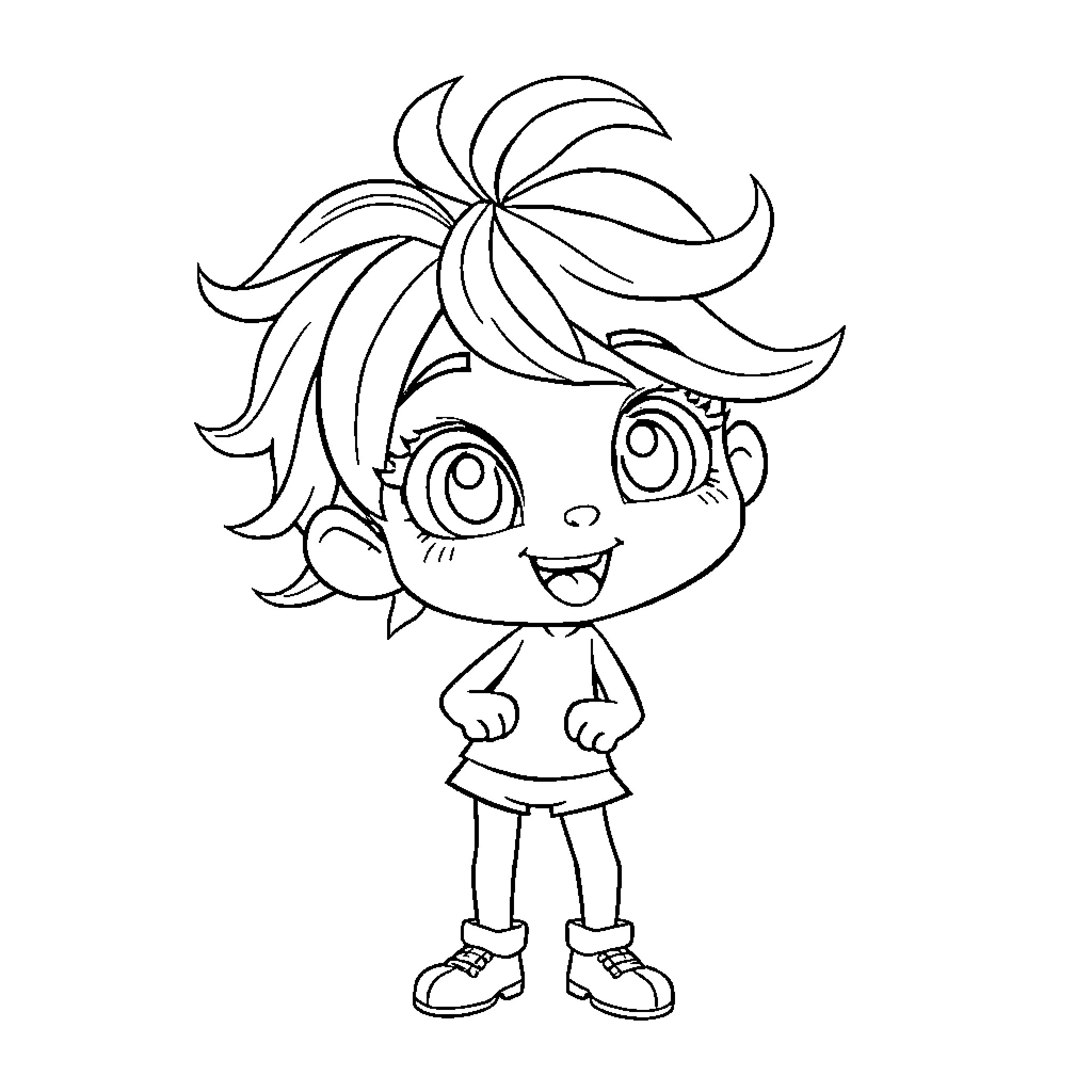 Girl with Expressive Features and Playful Hairstyle Coloring Page (free black-and-white line drawing printable PDF for all, from beginners to advanced learners, including children, teens, adults, and seniors)