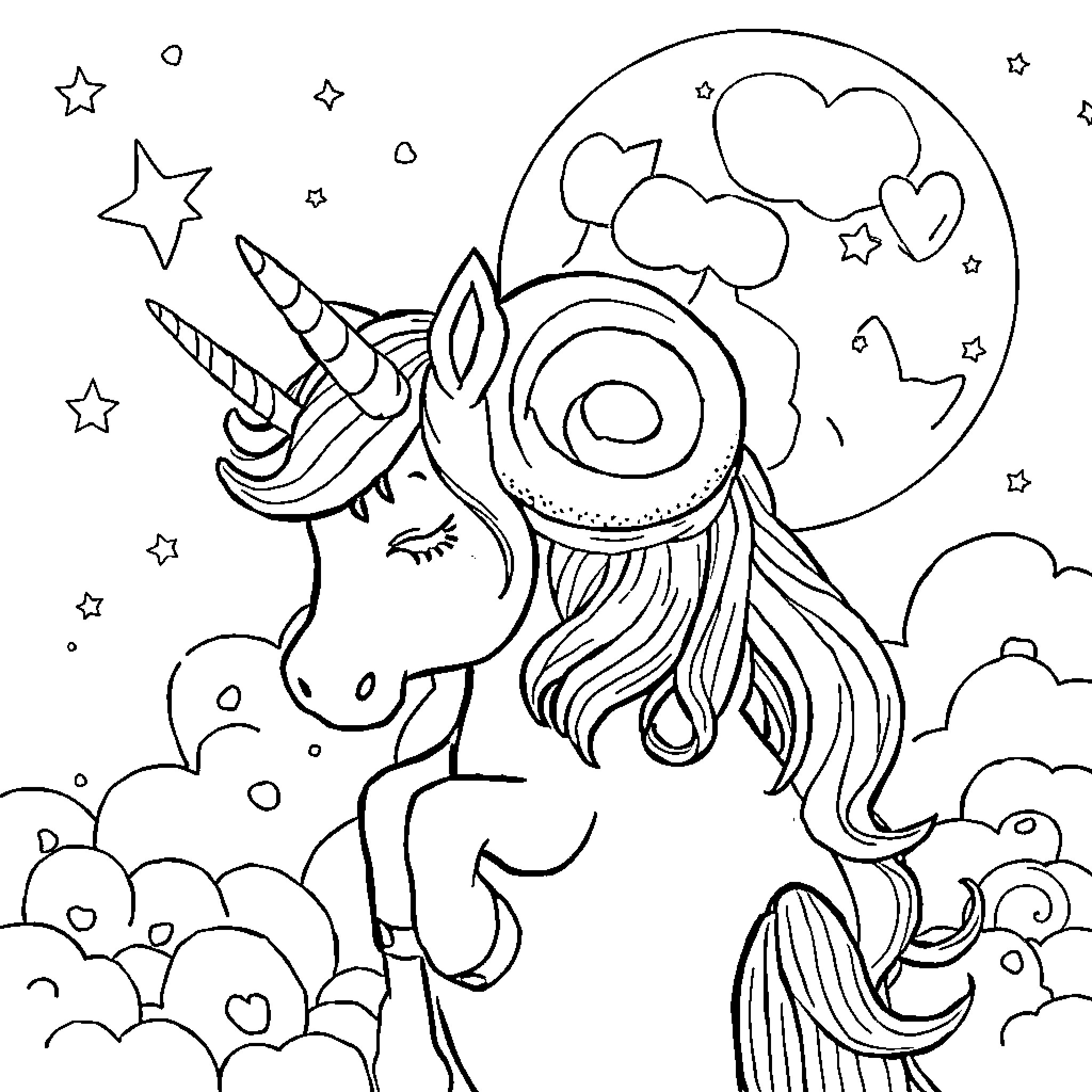 Cinnamon Roll Unicorn Dreaming in the Starry Night Coloring Page (free black-and-white line drawing printable PDF for all, from beginners to advanced learners, including children, teens, adults, and seniors)