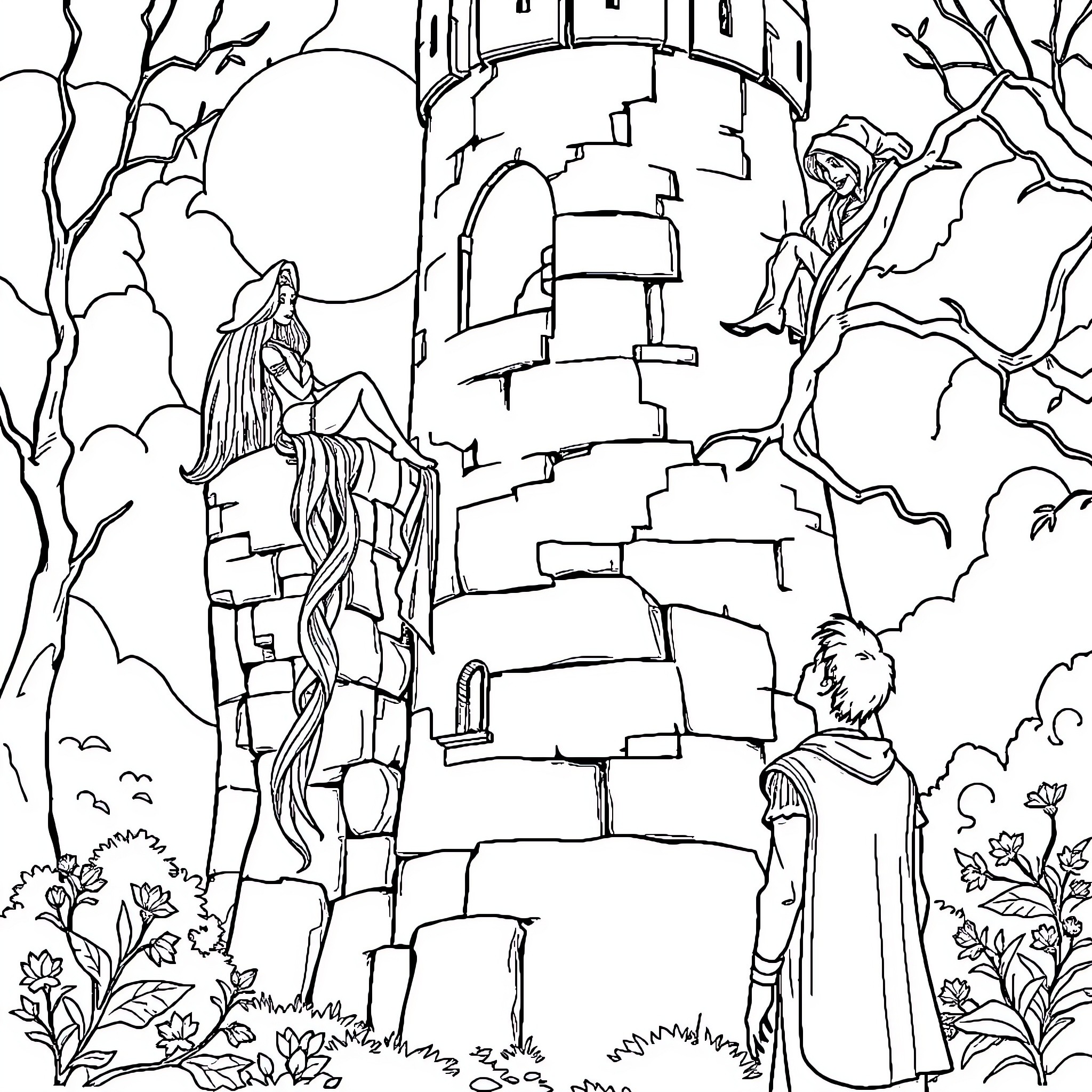 Rapunzel's Enchanted Castle Adventure Coloring Page (free black-and-white line drawing printable PDF for all, from beginners to advanced learners, including children, teens, adults, and seniors)