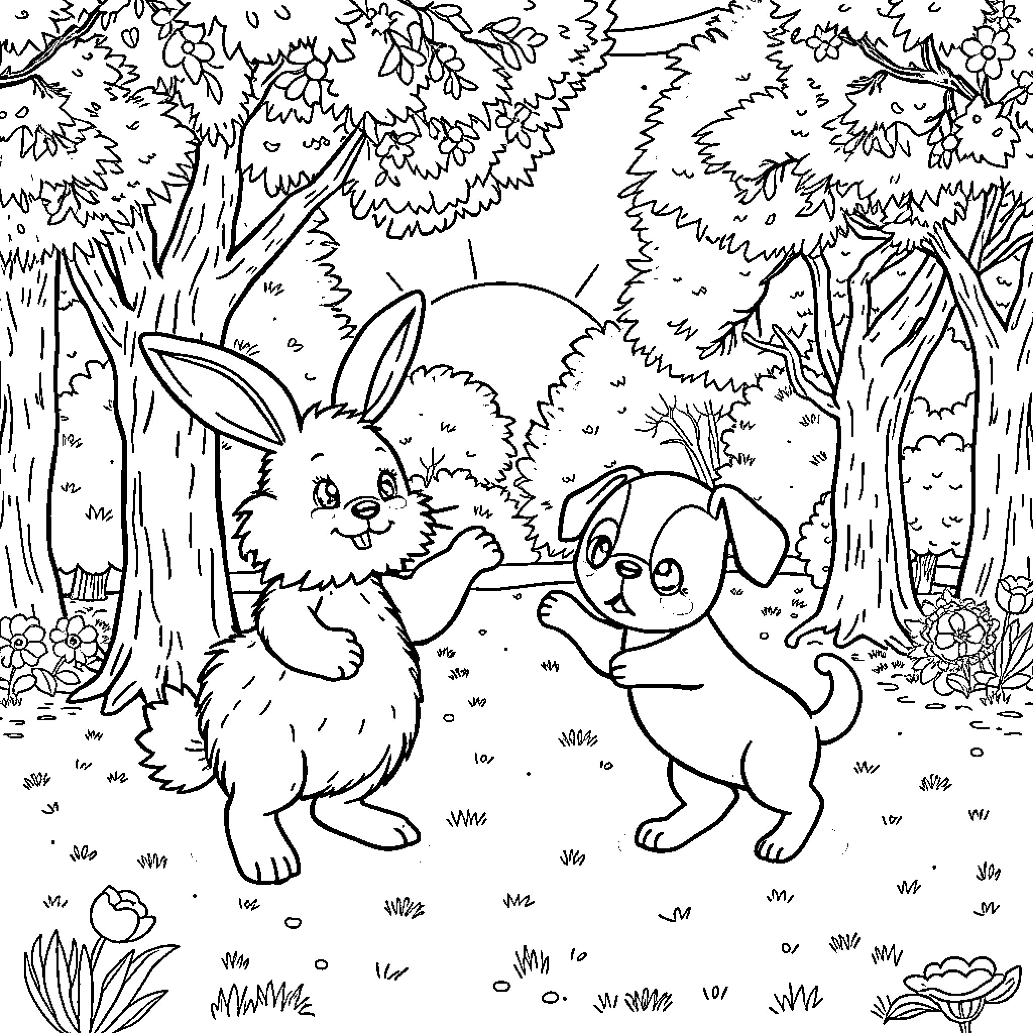 Animal friends playing in the forest Coloring Page (free black-and-white line drawing printable PDF for all, from beginners to advanced learners, including children, teens, adults, and seniors)