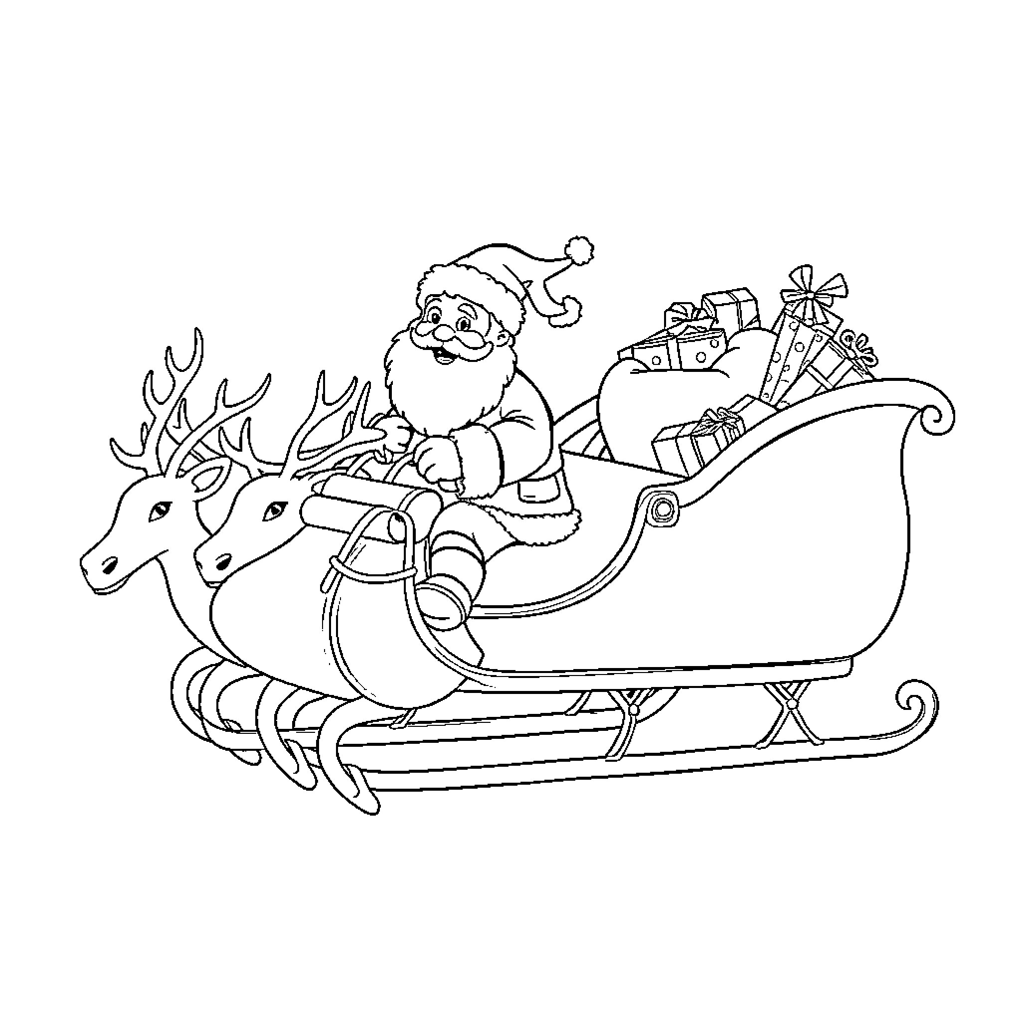 Santa's Sleigh Ride with Presents Coloring Page (free black-and-white line drawing printable PDF for all, from beginners to advanced learners, including children, teens, adults, and seniors)