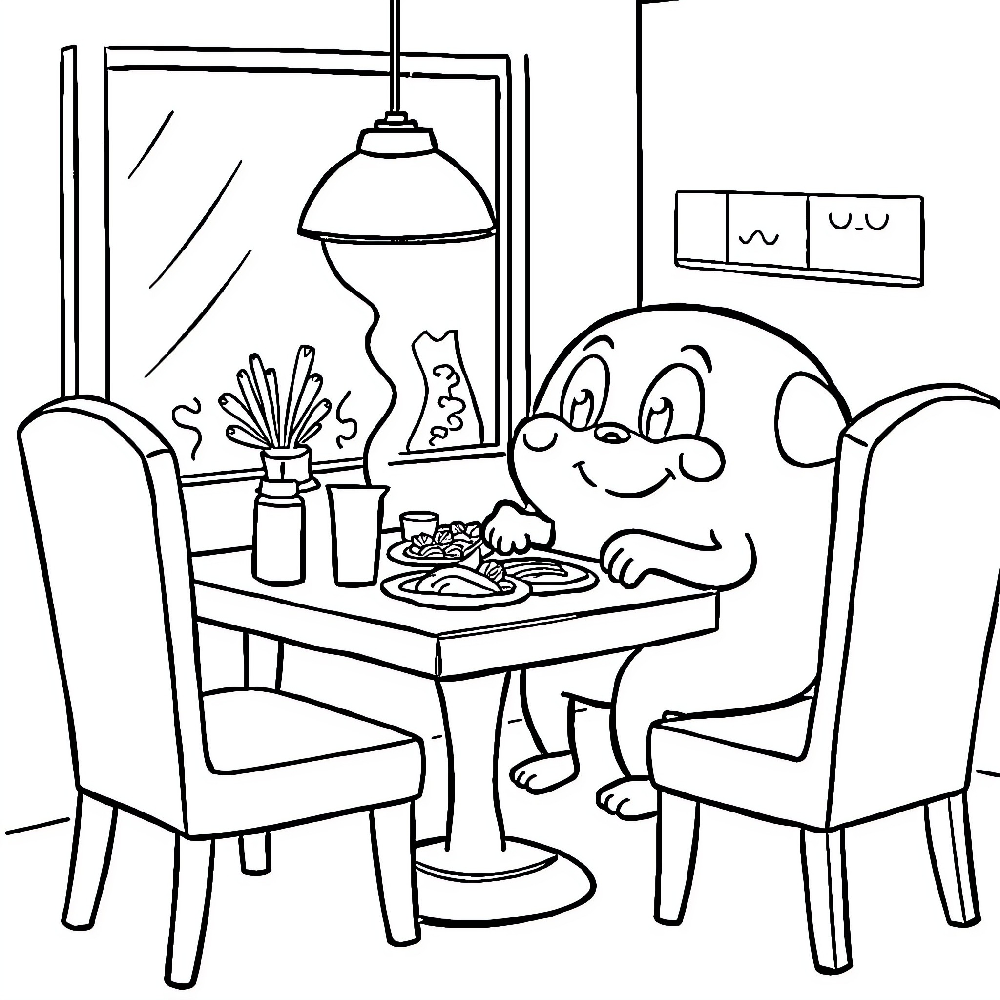 Car enjoying a meal in the kitchen Coloring Page (free black-and-white line drawing printable PDF for all, from beginners to advanced learners, including children, teens, adults, and seniors)