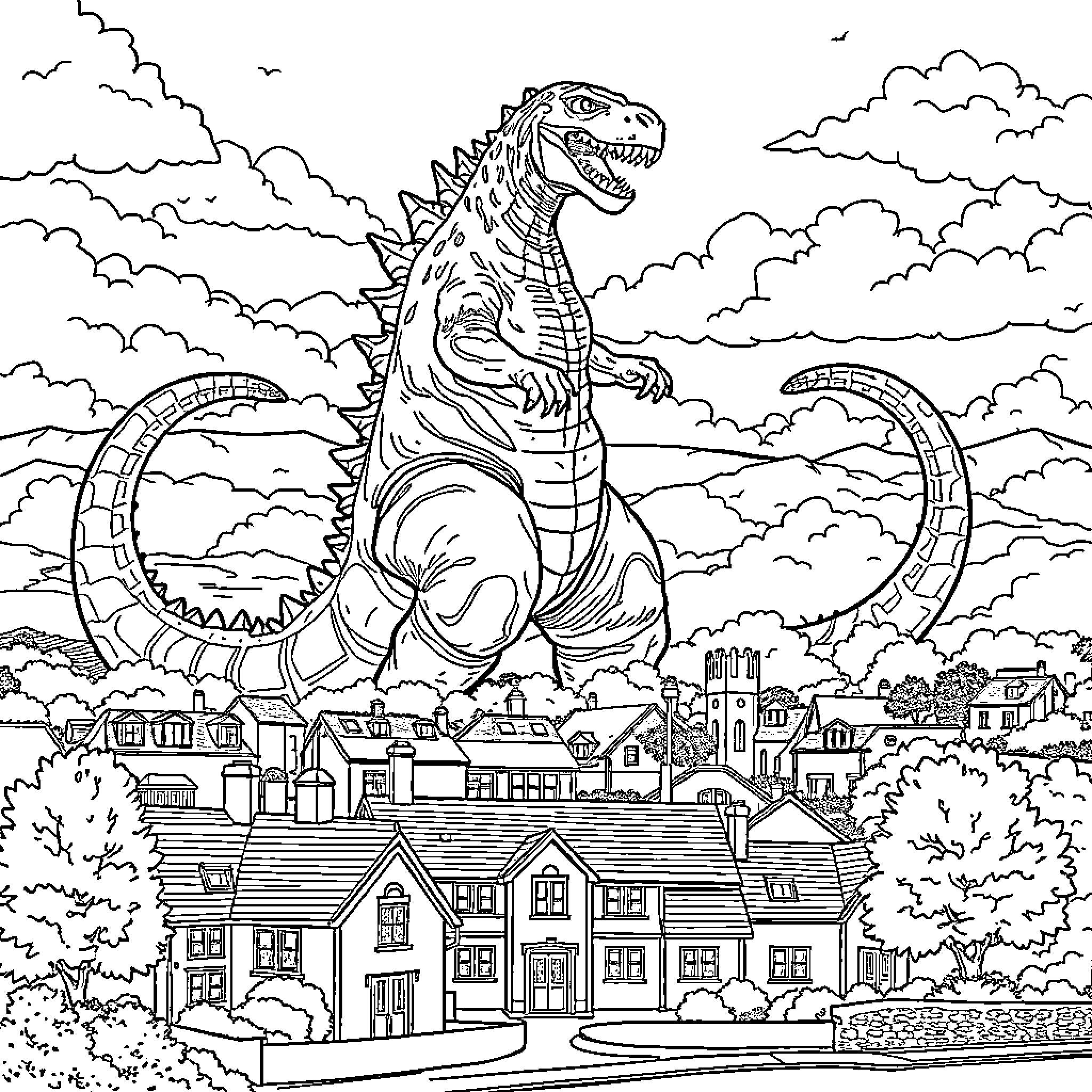 Godzilla rampaging through a city in the clouds Coloring Page (free black-and-white line drawing printable PDF for all, from beginners to advanced learners, including children, teens, adults, and seniors)