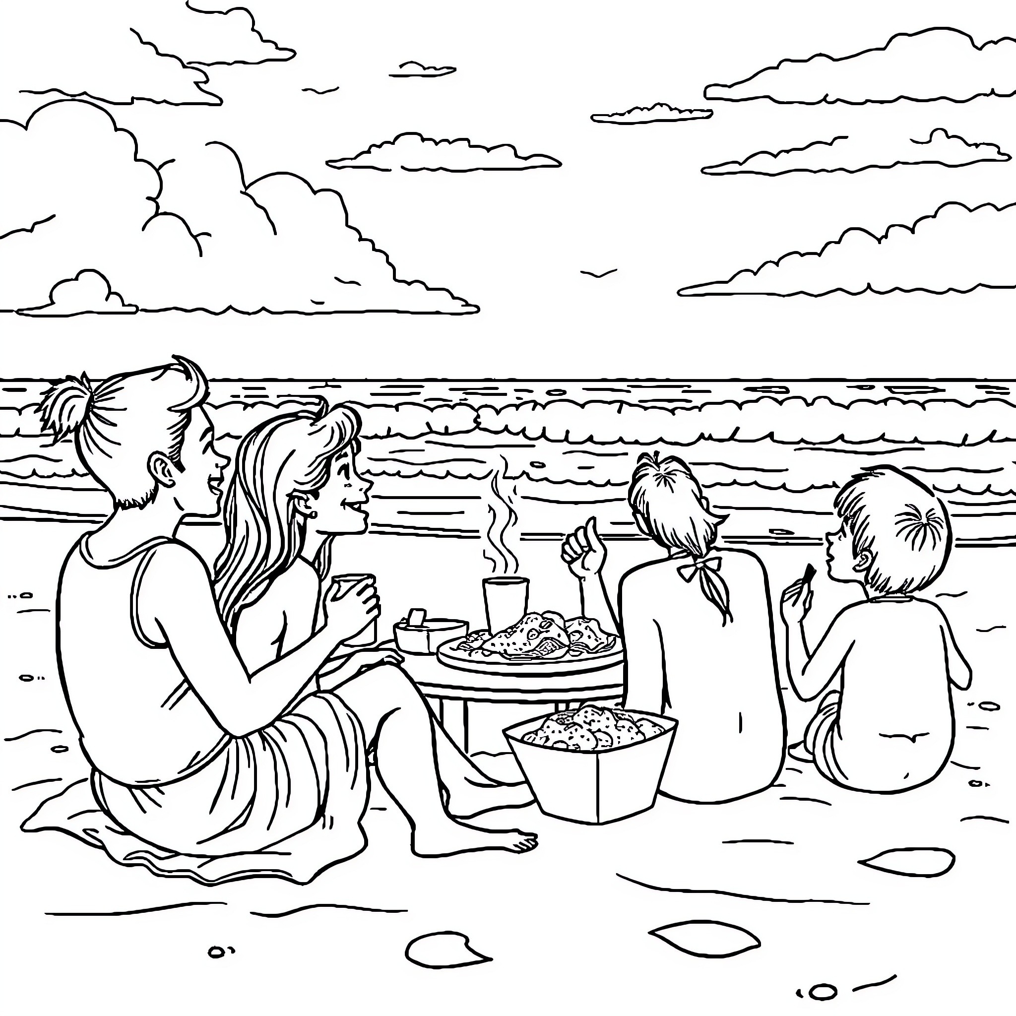 Family Enjoying Beach Bonfire and Meal Coloring Page (free black-and-white line drawing printable PDF for all, from beginners to advanced learners, including children, teens, adults, and seniors)