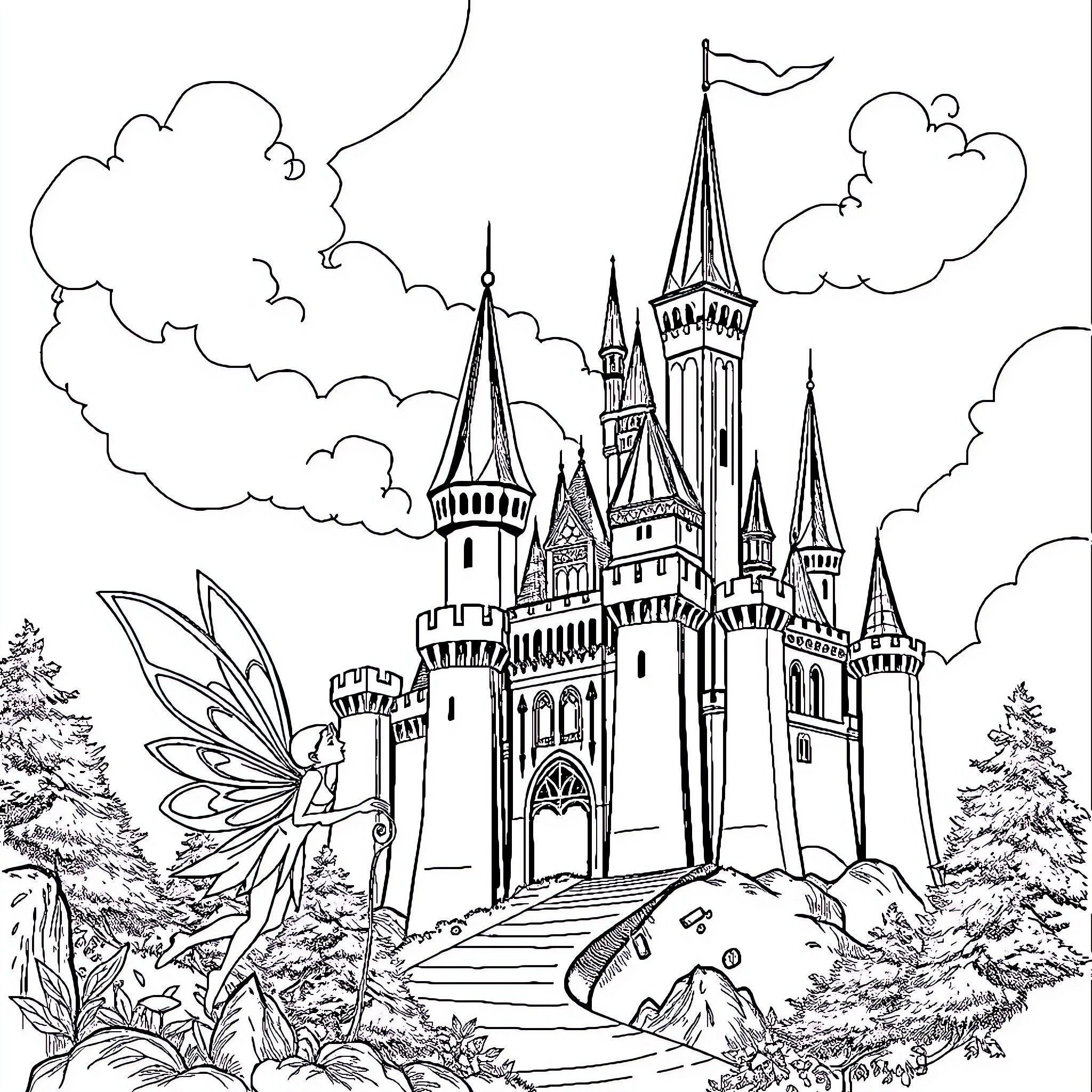 Fairy Castle in the Enchanted Forest Coloring Page (free black-and-white line drawing printable PDF for all, from beginners to advanced learners, including children, teens, adults, and seniors)