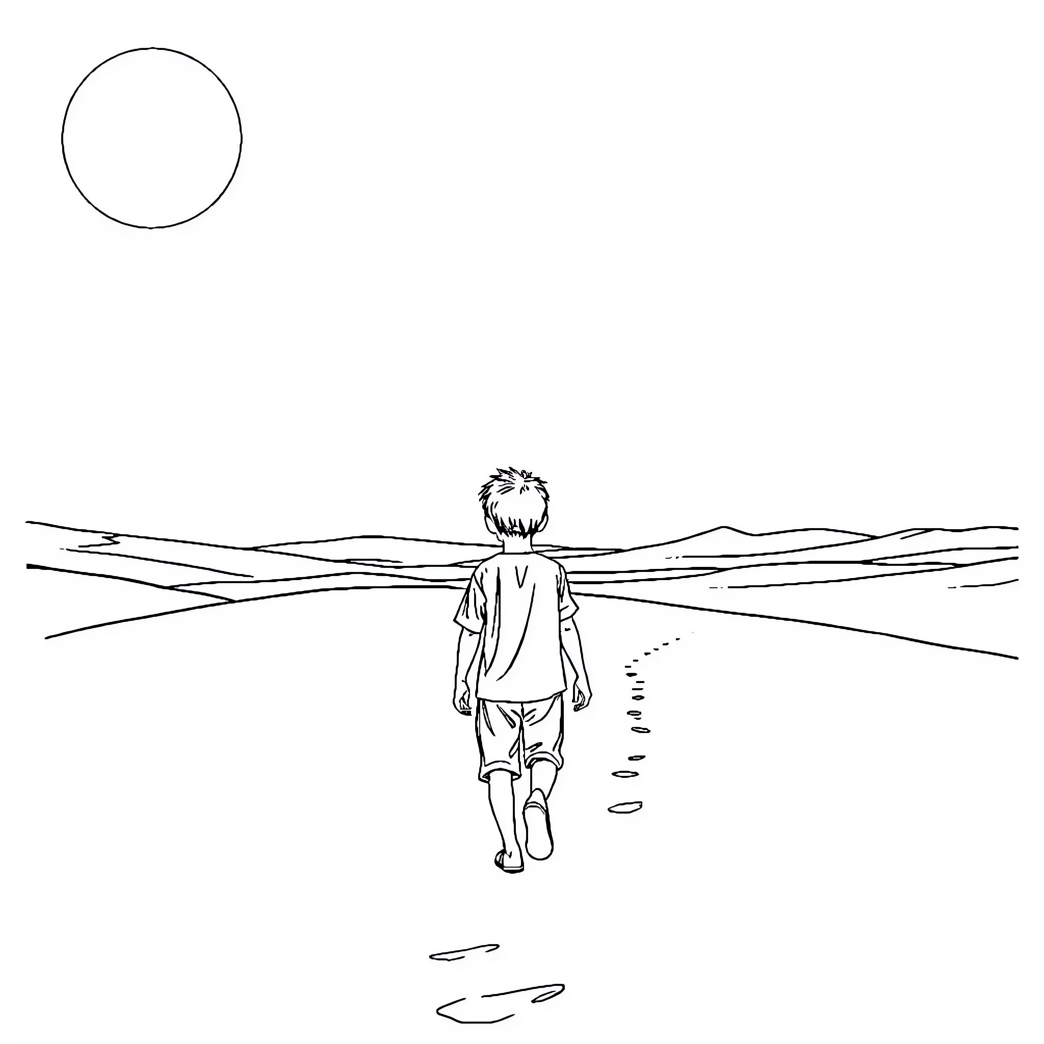 Boy walking alone on a path in the countryside Coloring Page (free black-and-white line drawing printable PDF for all, from beginners to advanced learners, including children, teens, adults, and seniors)