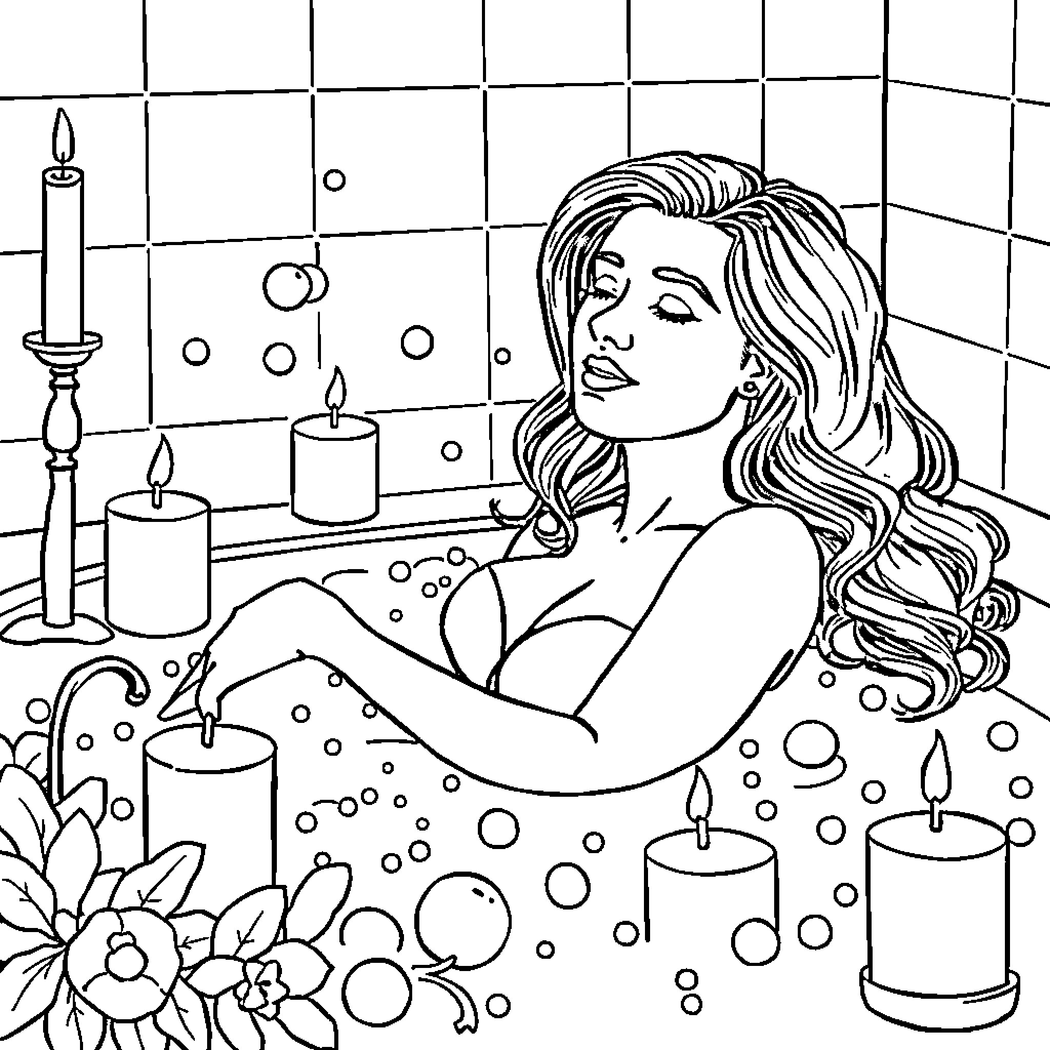 Sidney Sweeney relaxing in a candlelit bath Coloring Page (free black-and-white line drawing printable PDF for all, from beginners to advanced learners, including children, teens, adults, and seniors)