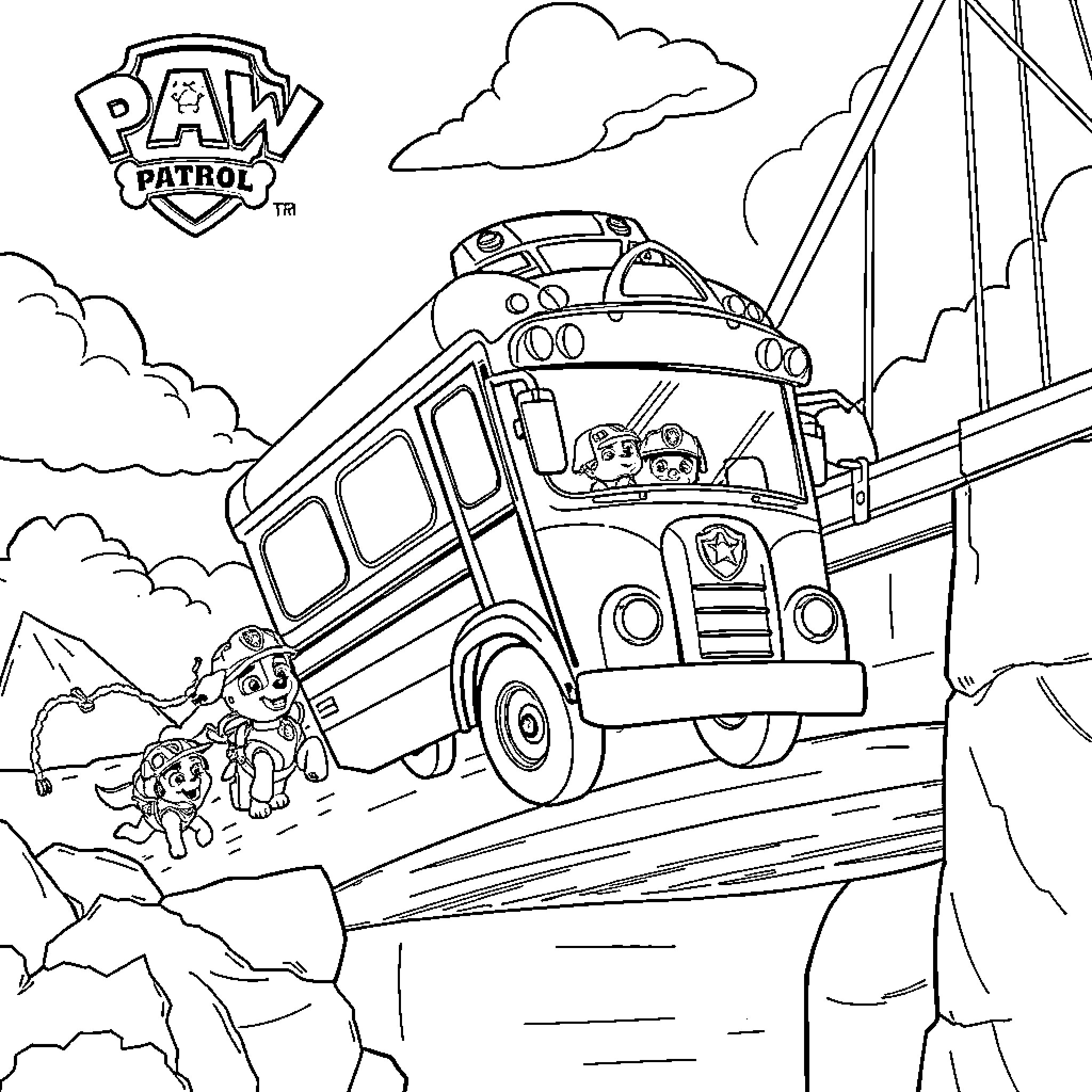 Paw Patrol Rescue Team Climbing Mountainous Terrain Coloring Page (free black-and-white line drawing printable PDF for all, from beginners to advanced learners, including children, teens, adults, and seniors)