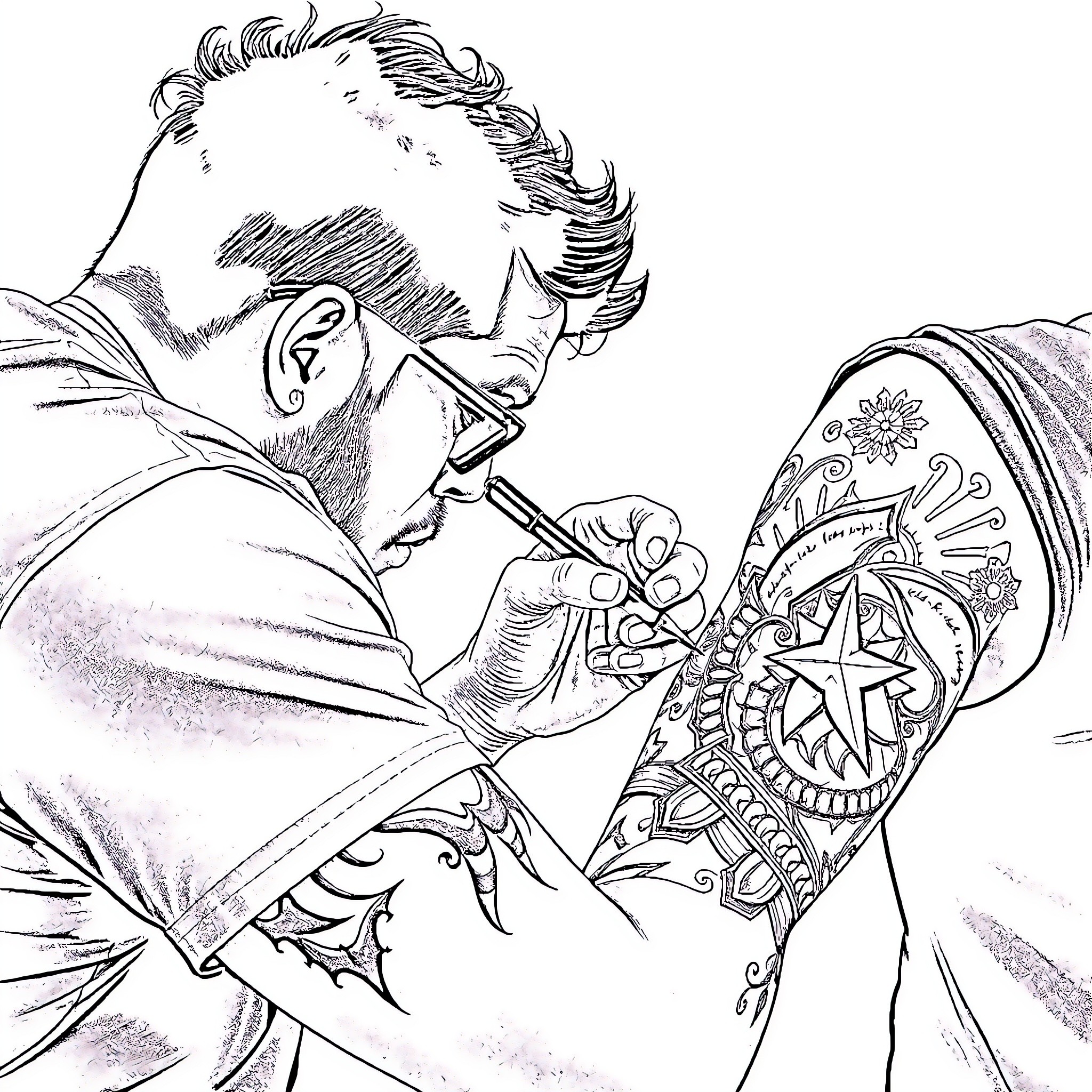 Tattooing intricate designs on the arm Coloring Page (free black-and-white line drawing printable PDF for all, from beginners to advanced learners, including children, teens, adults, and seniors)